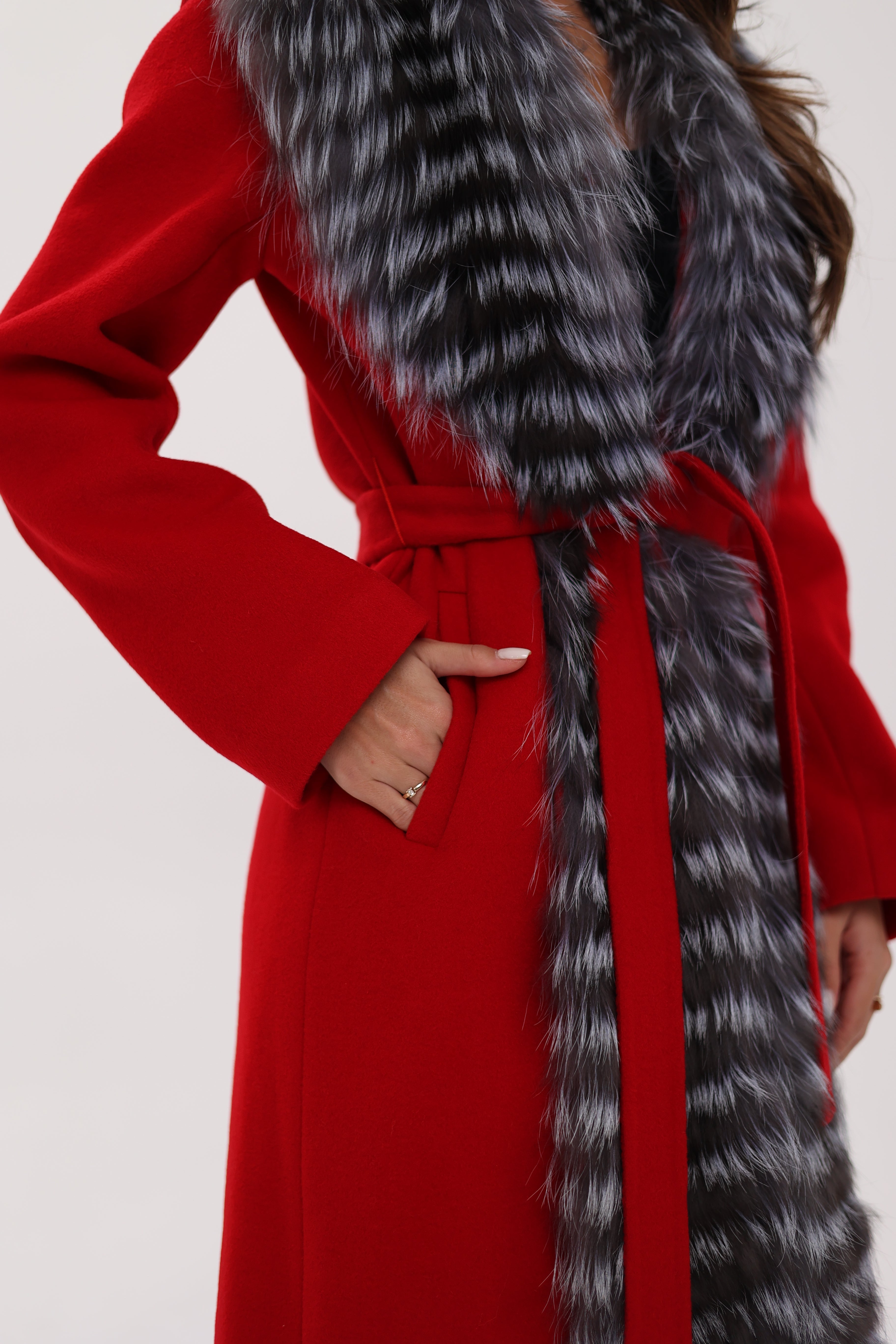 Genuine Silver Fox Virgin Wool Wrap Coat in Red - Energize Trek