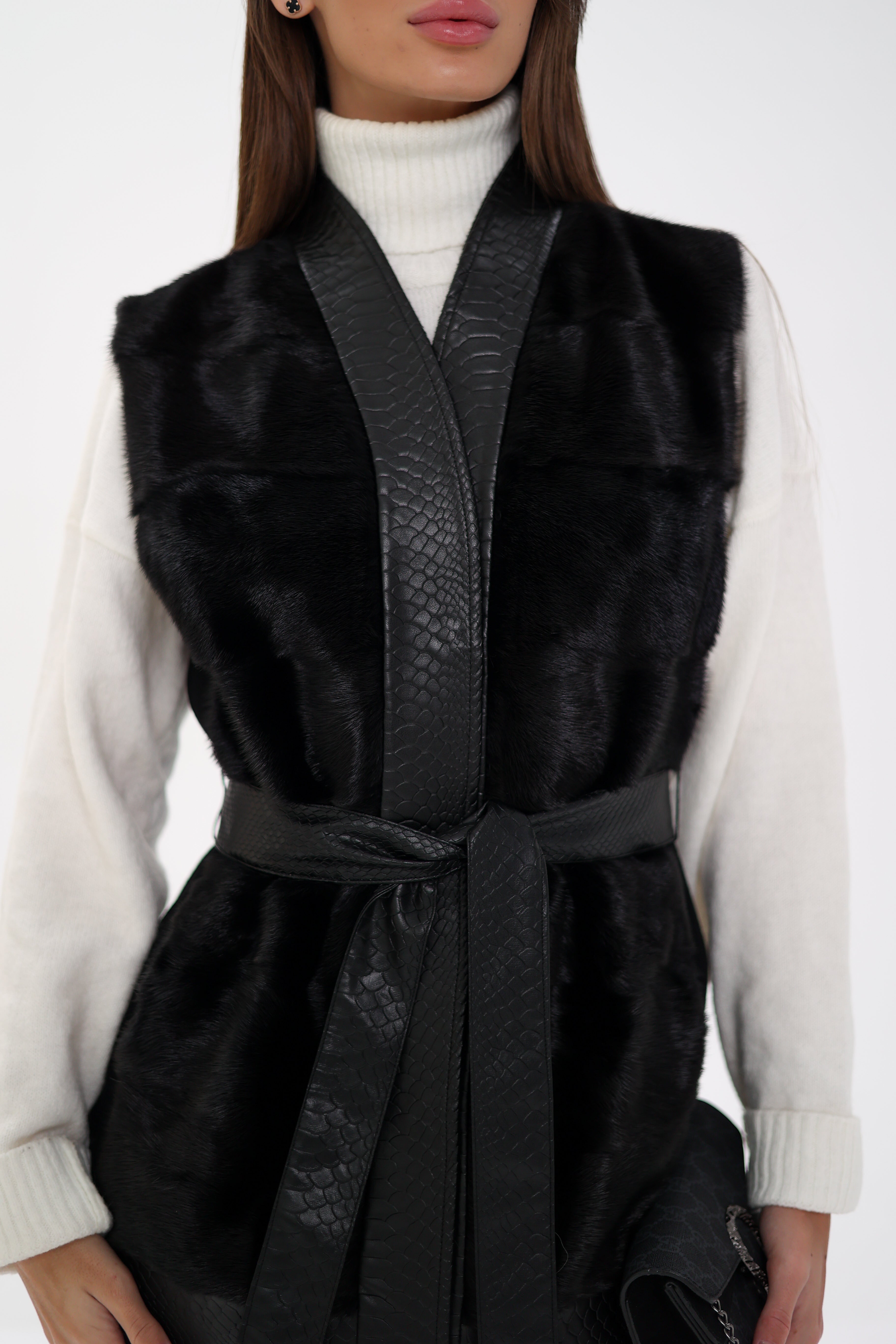 Genuine Mink Fur Leather Trim Wool Vest - Energize Trek