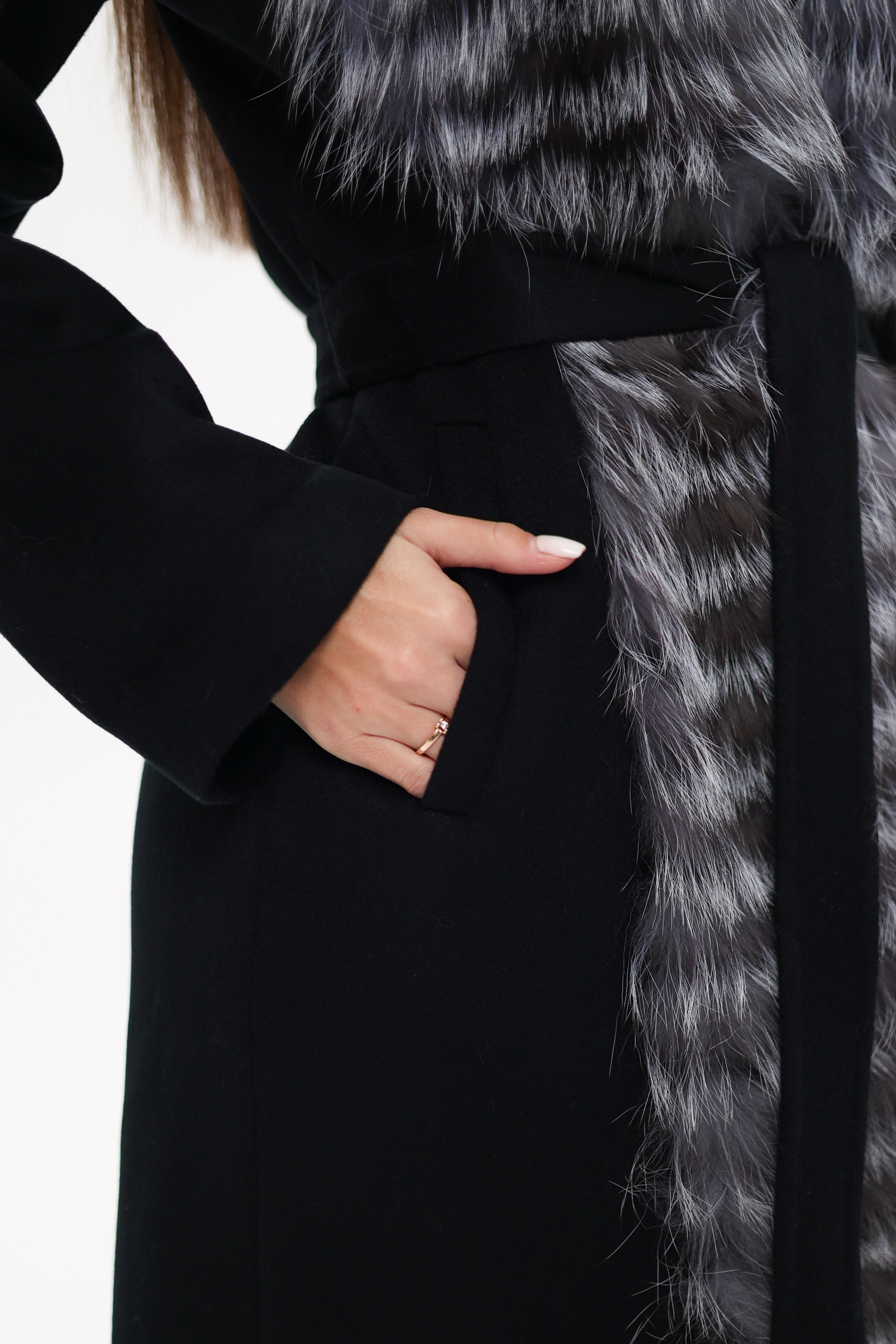 Genuine Silver Fox Virgin Wool Wrap Coat in Black - Energize Trek