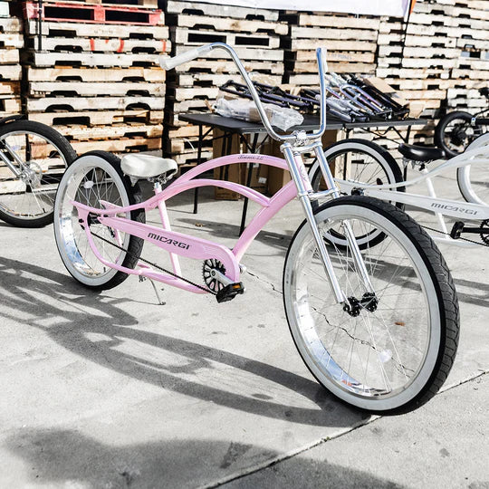 Micargi 29" Stretch Cruiser coaster brake, single sp, Three Piece Alloy Crank, triple tree fork, high rise handlebar. 29"F 26"R - Energize Trek