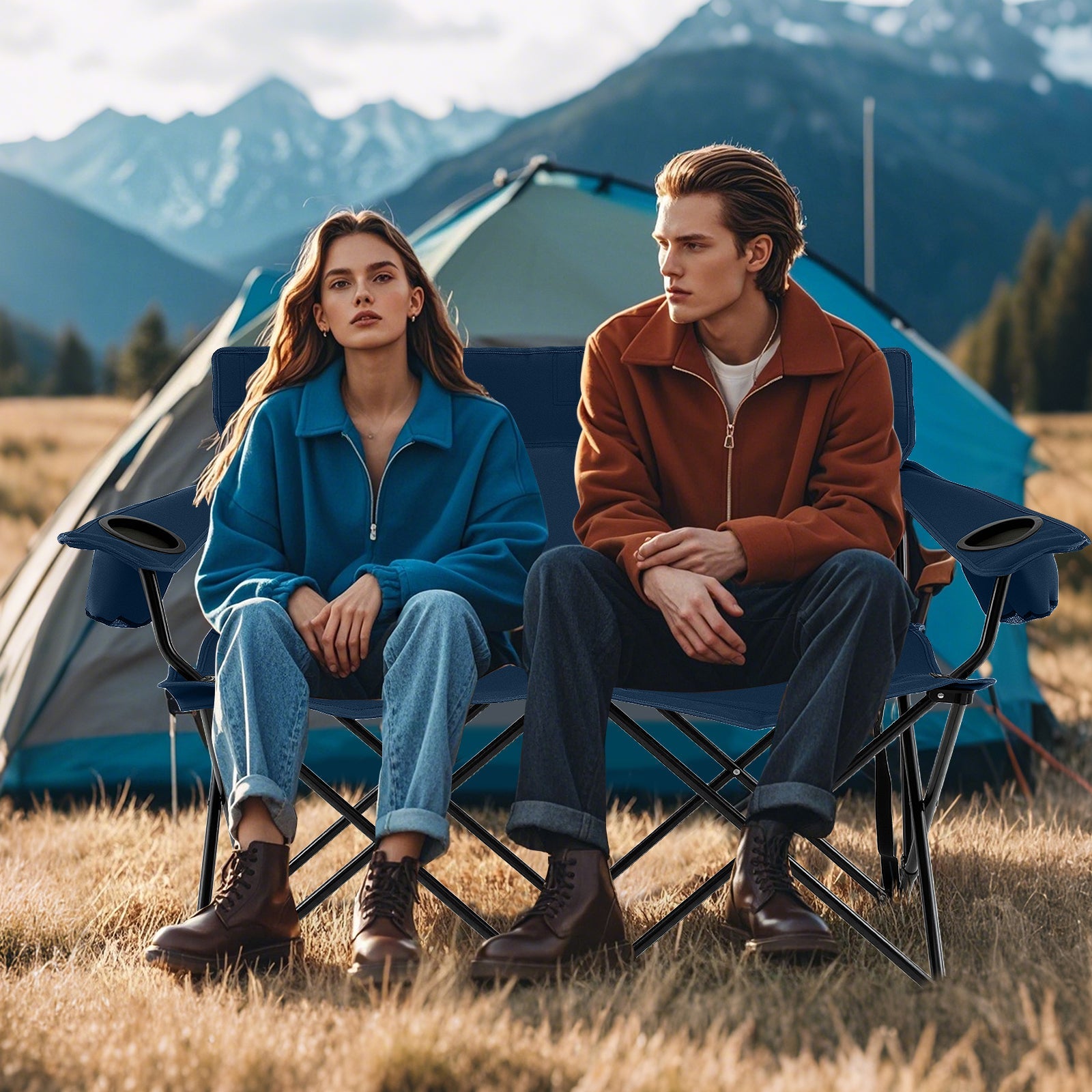 Double Camping Chair 2-Person Outdoor Folding Loveseat with Cup Holders - Energize Trek