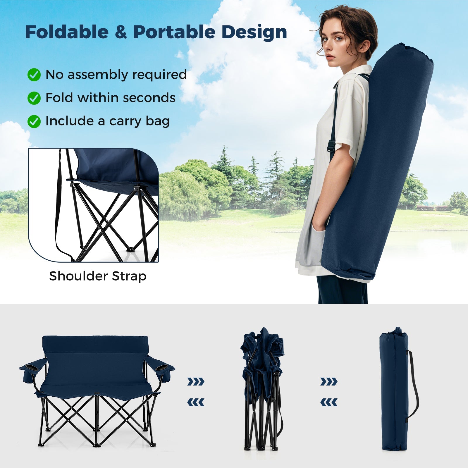 Double Camping Chair 2-Person Outdoor Folding Loveseat with Cup Holders - Energize Trek