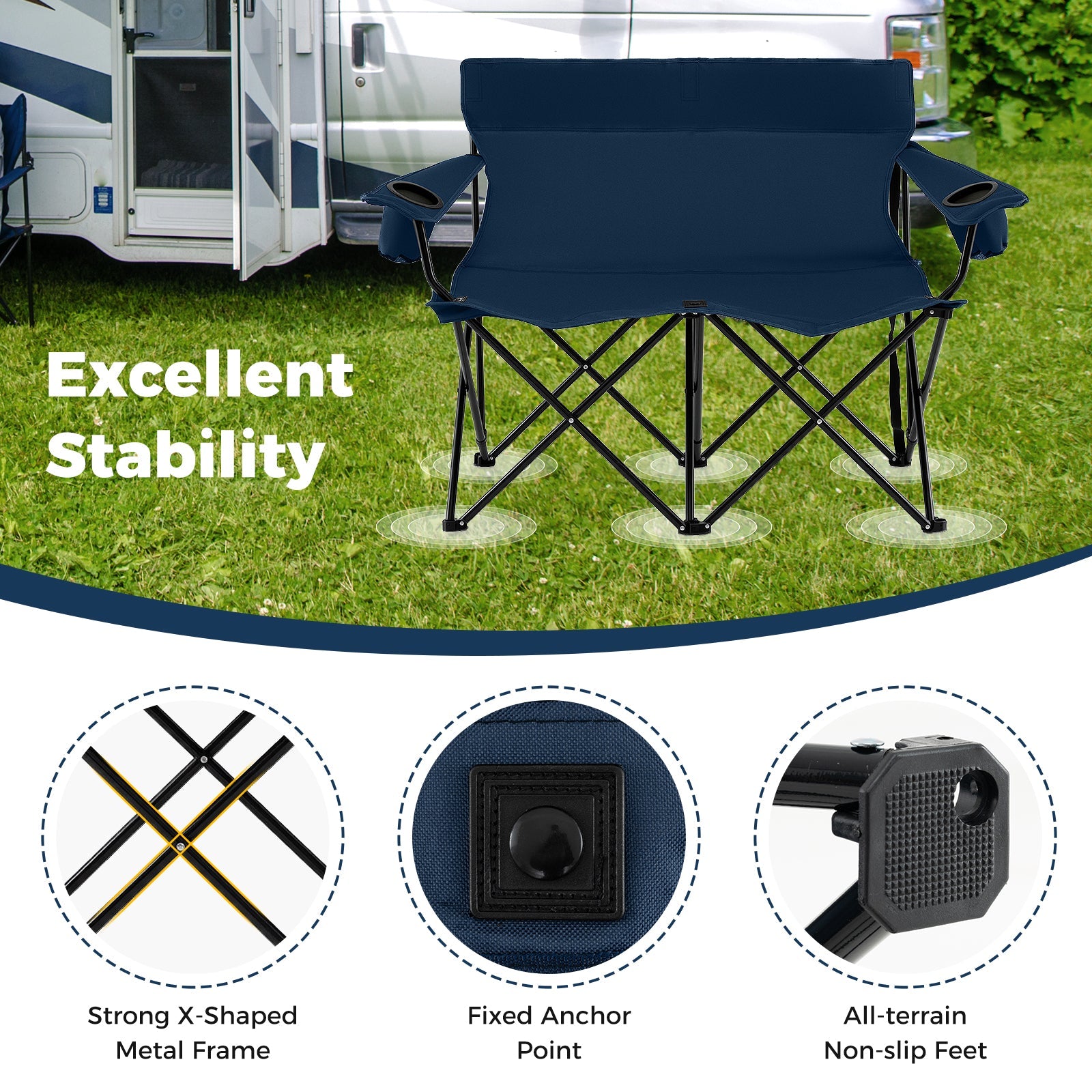 Double Camping Chair 2-Person Outdoor Folding Loveseat with Cup Holders - Energize Trek