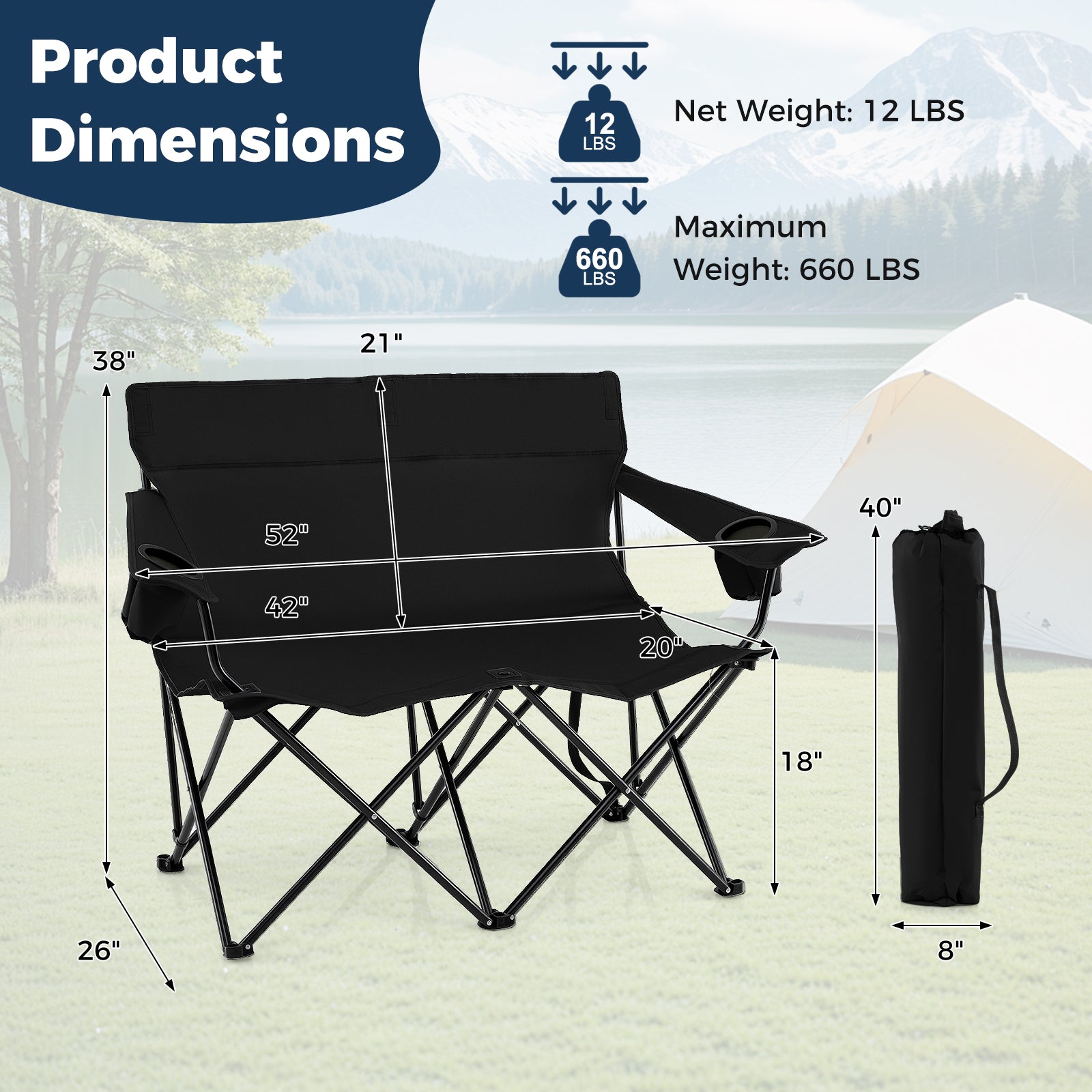Double Camping Chair 2-Person Outdoor Folding Loveseat with Cup Holders - Energize Trek