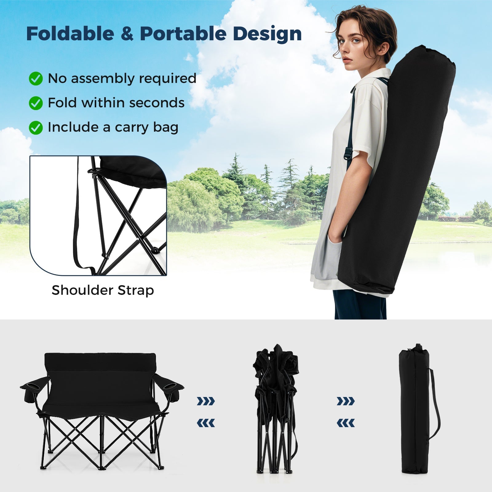 Double Camping Chair 2-Person Outdoor Folding Loveseat with Cup Holders - Energize Trek