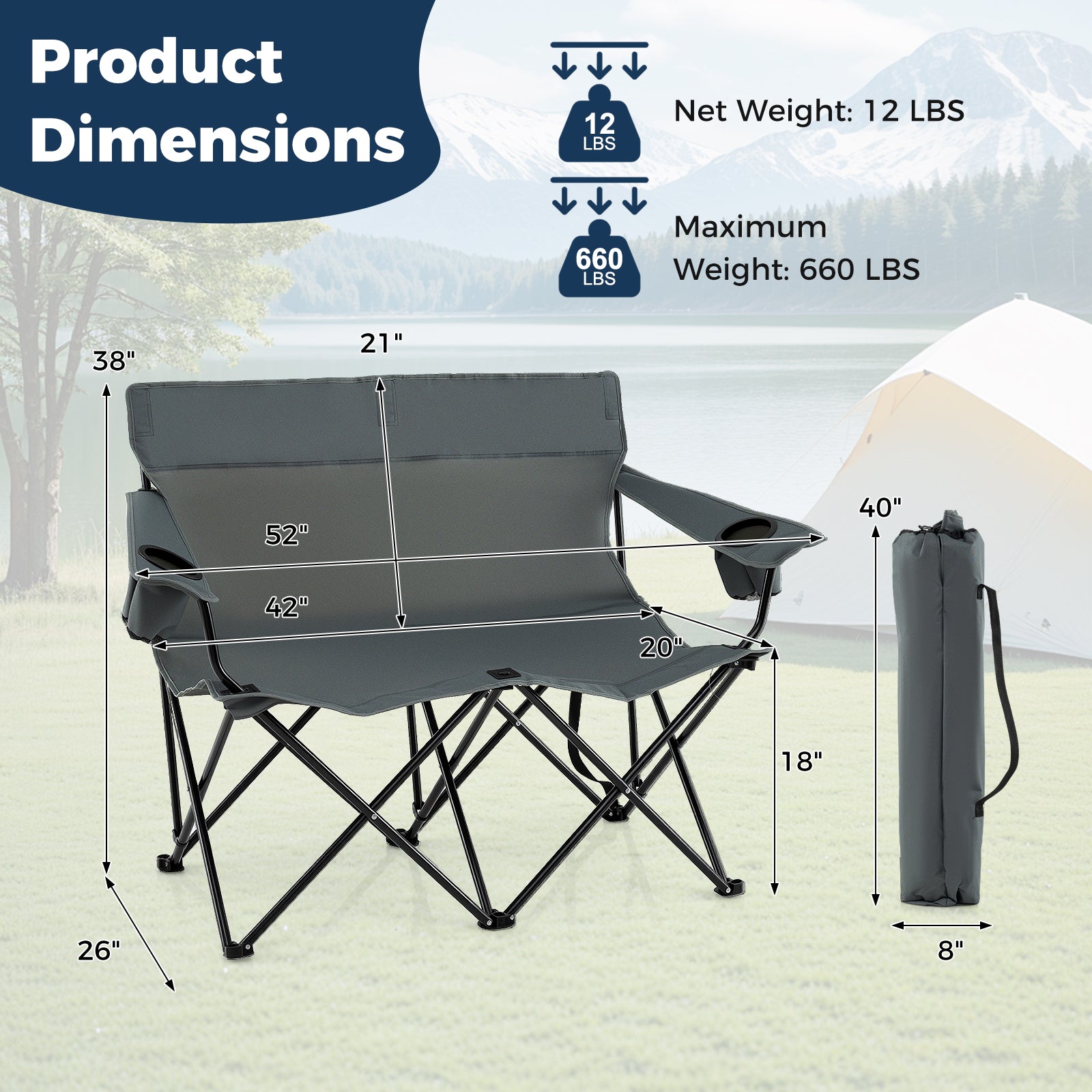 Double Camping Chair 2-Person Outdoor Folding Loveseat with Cup Holders - Energize Trek
