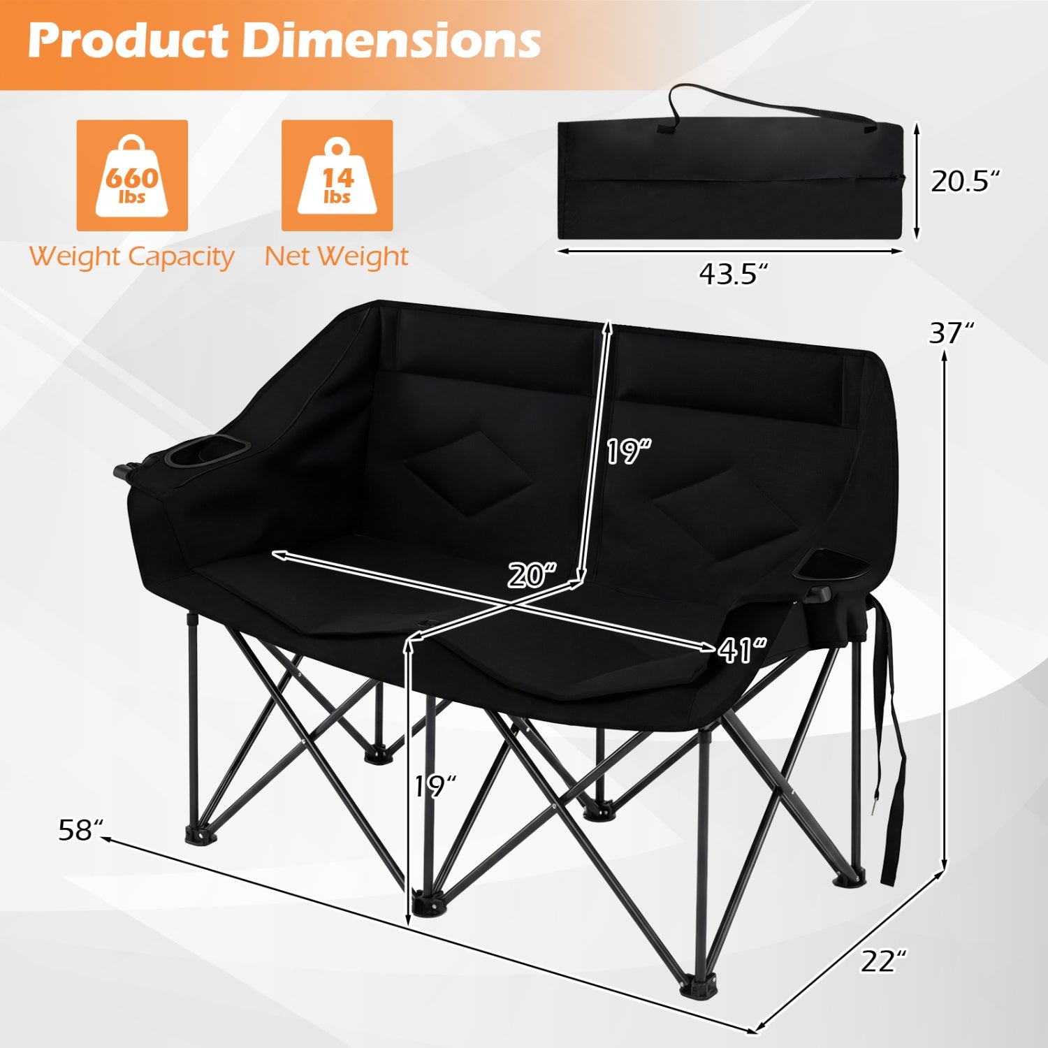Double Camping Chair with Cup Holders Glass Racks and Mesh Pockets - Energize Trek