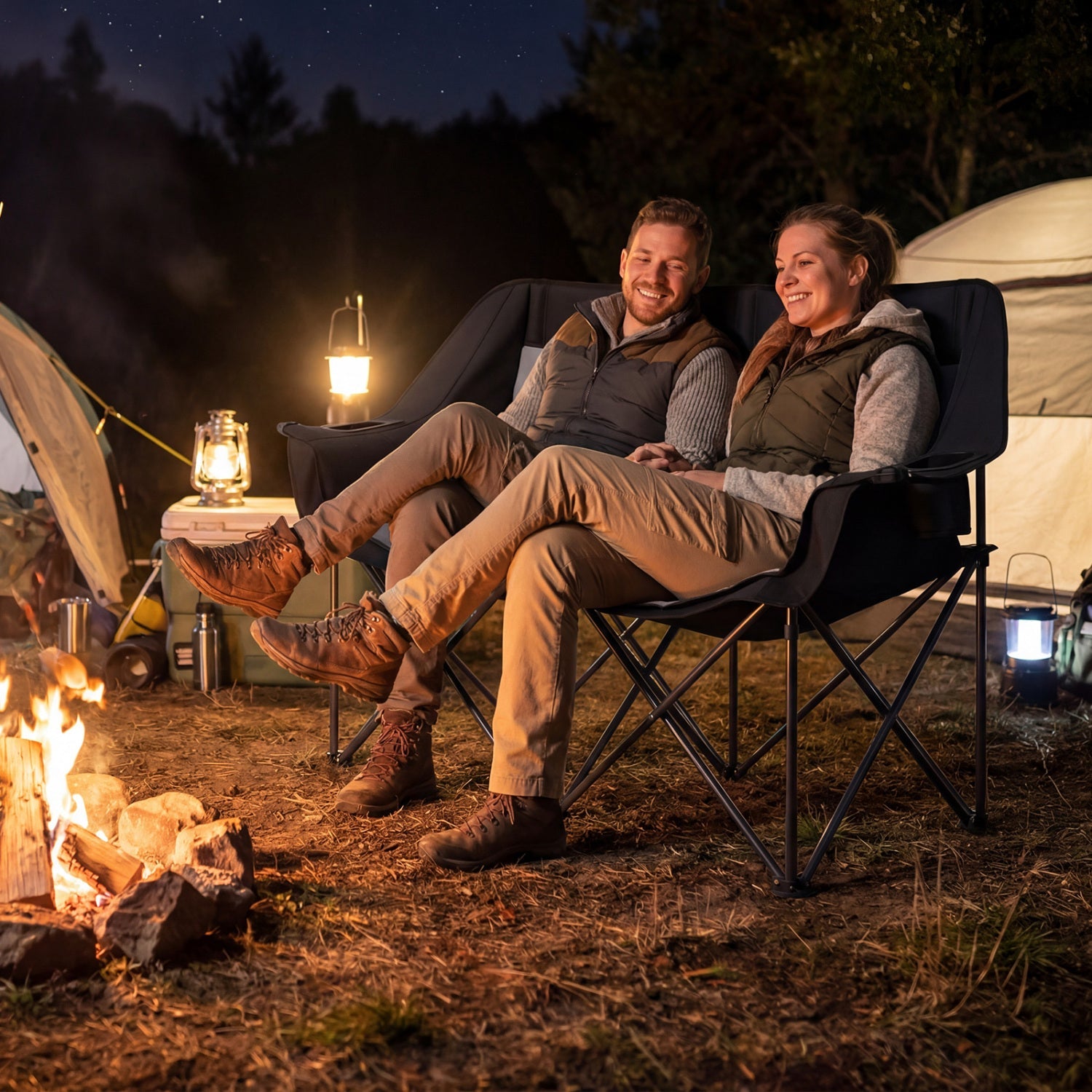 Double Camping Chair with Cup Holders Glass Racks and Mesh Pockets - Energize Trek