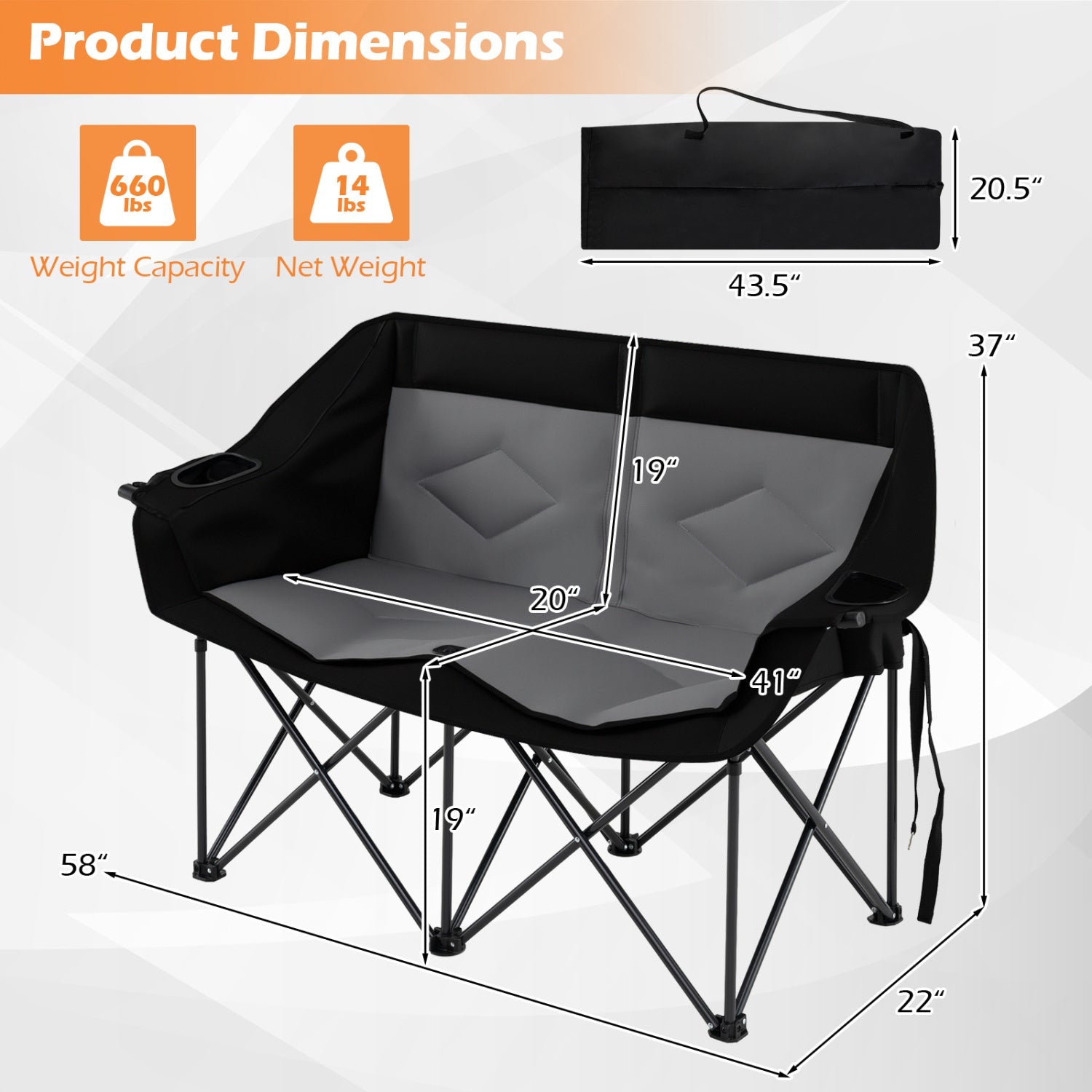 Double Camping Chair with Cup Holders Glass Racks and Mesh Pockets - Energize Trek