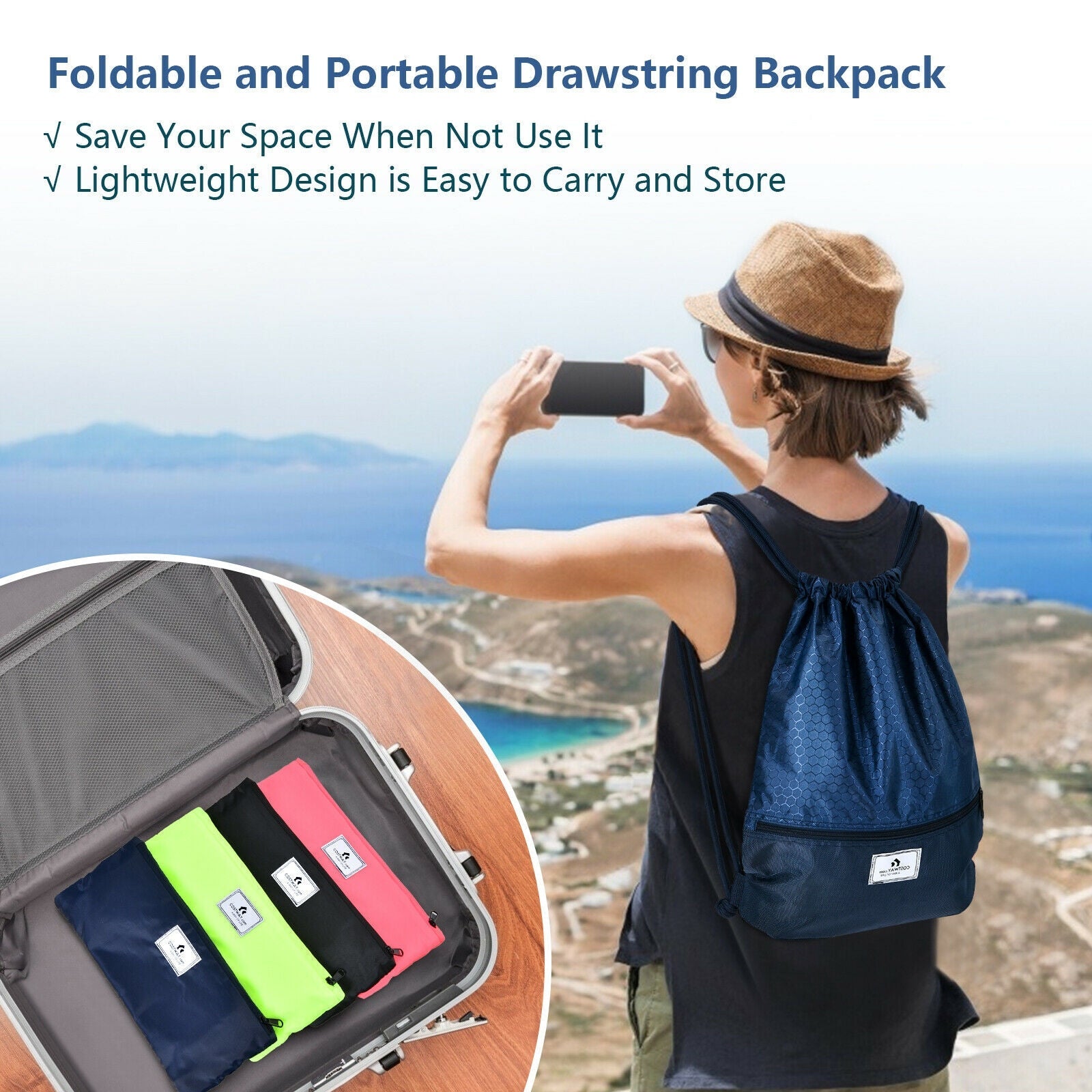 Drawstring Backpack String Bag Foldable Sports Sack with Zipper Pocket - Energize Trek