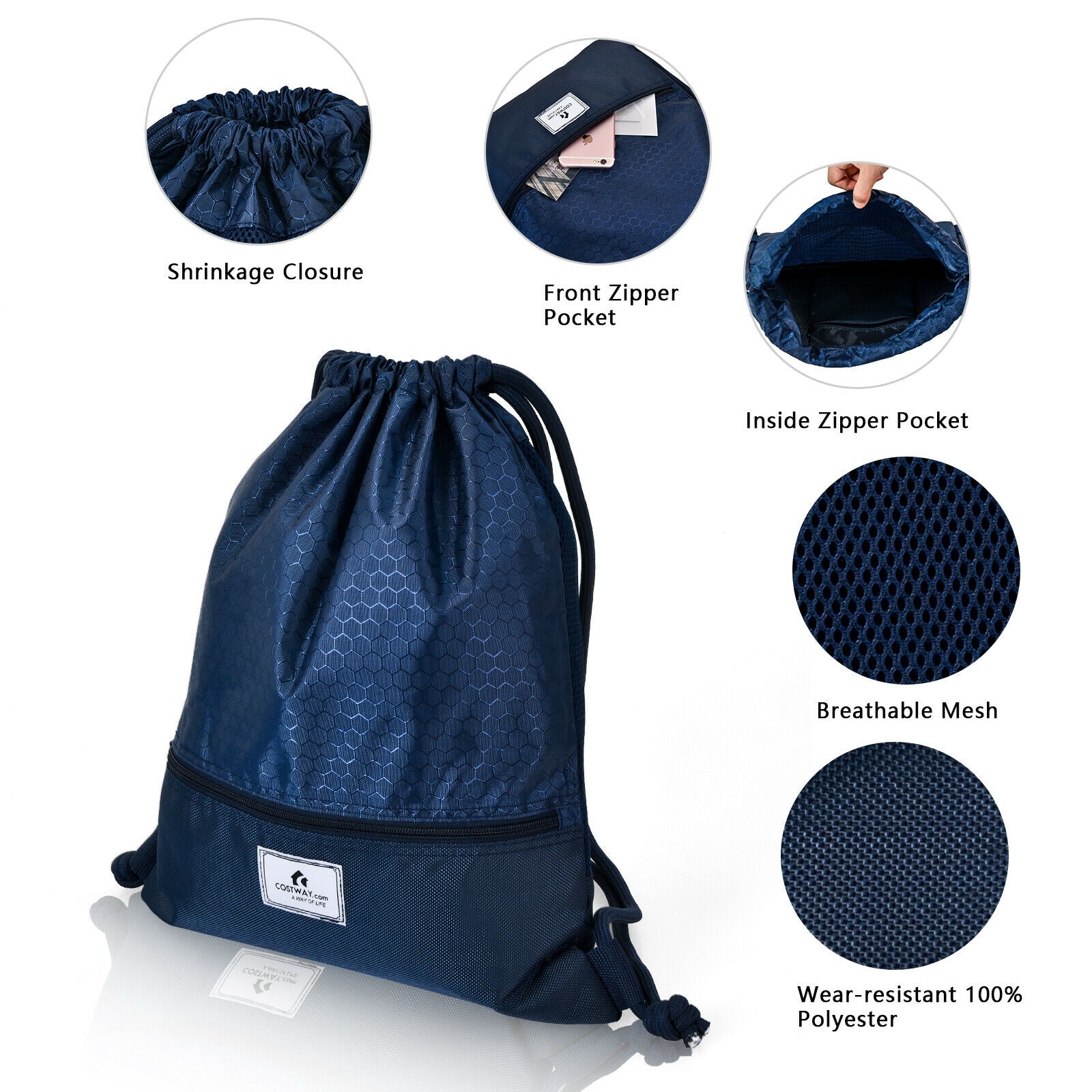 Drawstring Backpack String Bag Foldable Sports Sack with Zipper Pocket - Energize Trek