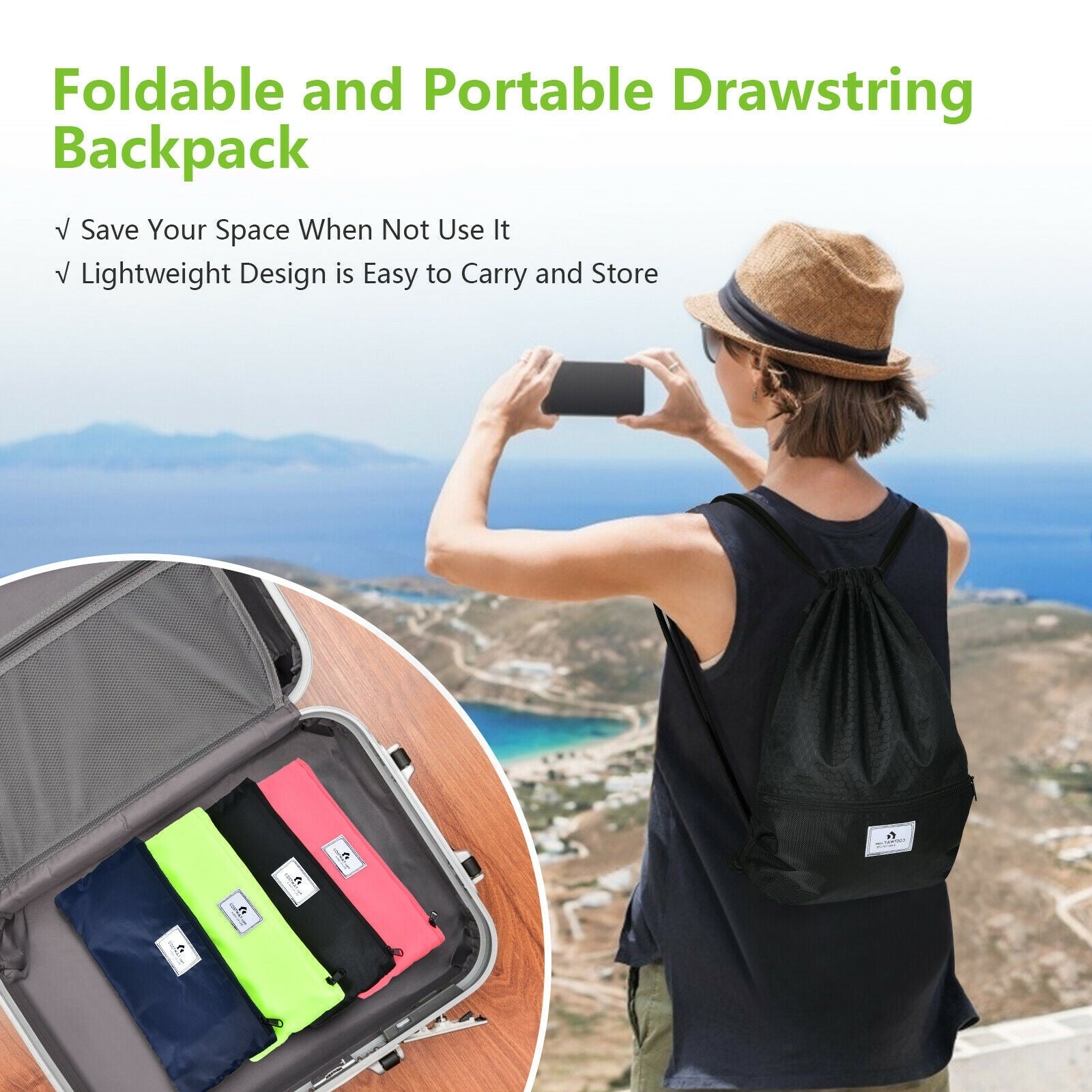 Drawstring Backpack String Bag Foldable Sports Sack with Zipper Pocket - Energize Trek