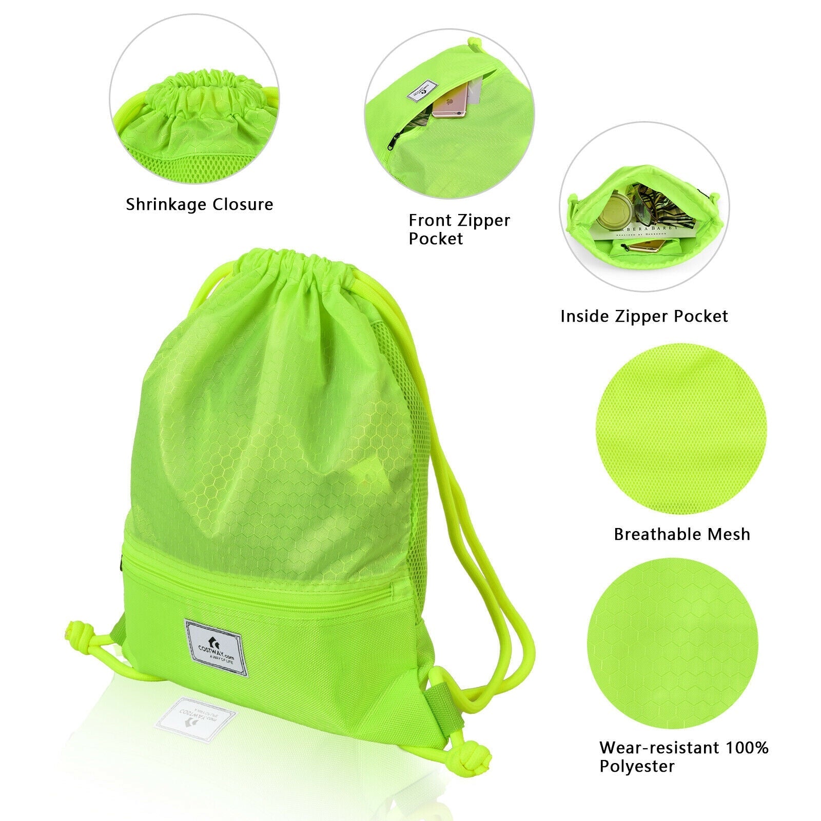 Drawstring Backpack String Bag Foldable Sports Sack with Zipper Pocket - Energize Trek