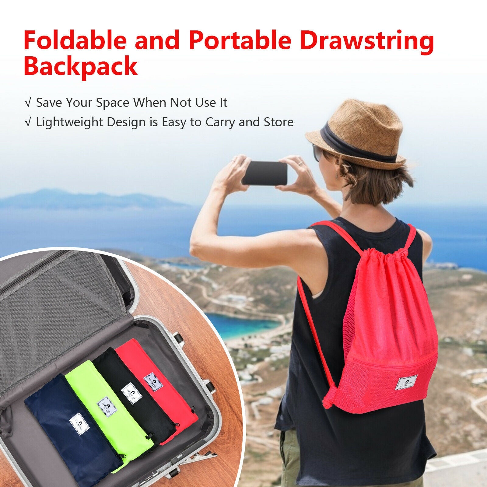Drawstring Backpack String Bag Foldable Sports Sack with Zipper Pocket - Energize Trek