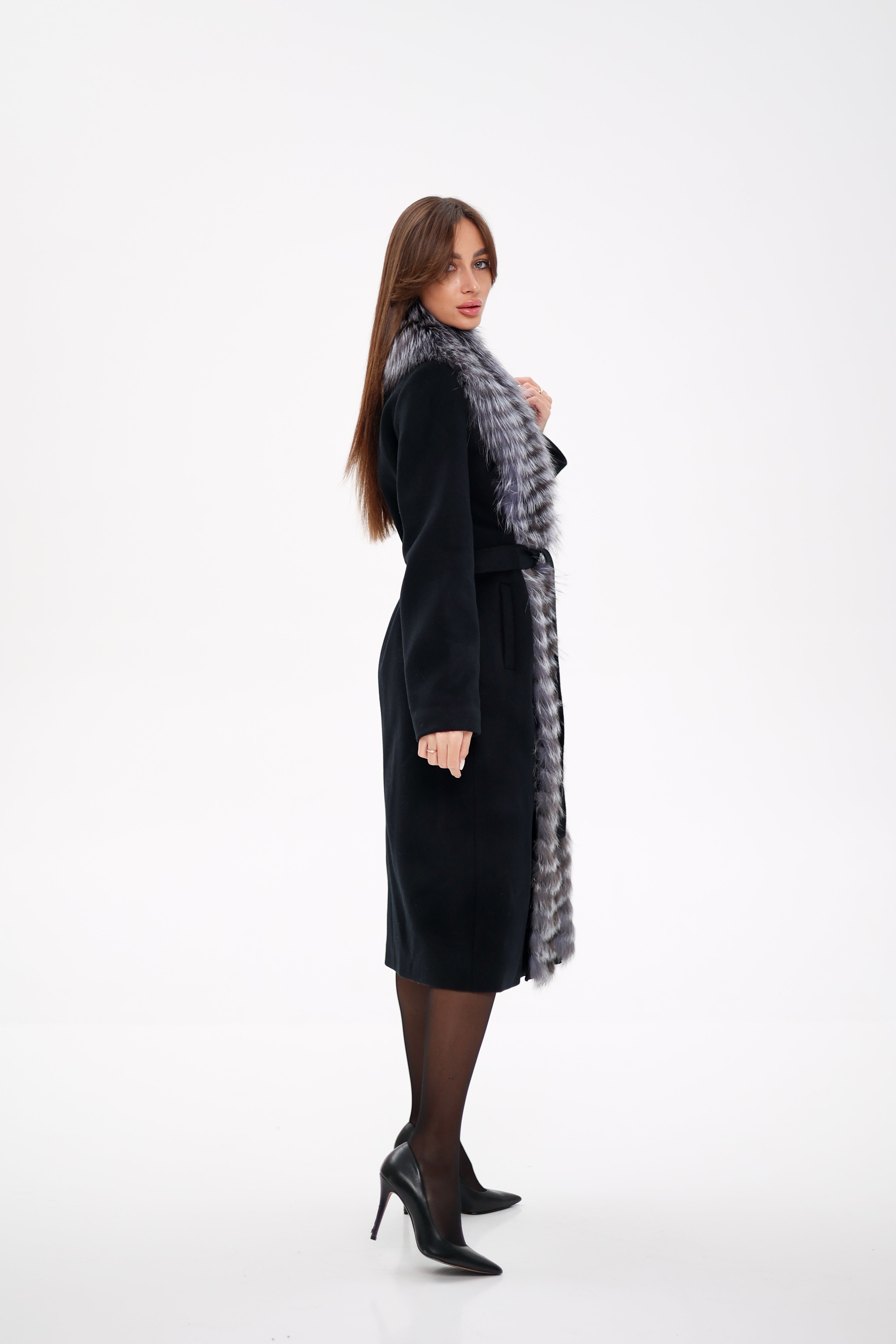 Genuine Silver Fox Virgin Wool Wrap Coat in Black - Energize Trek