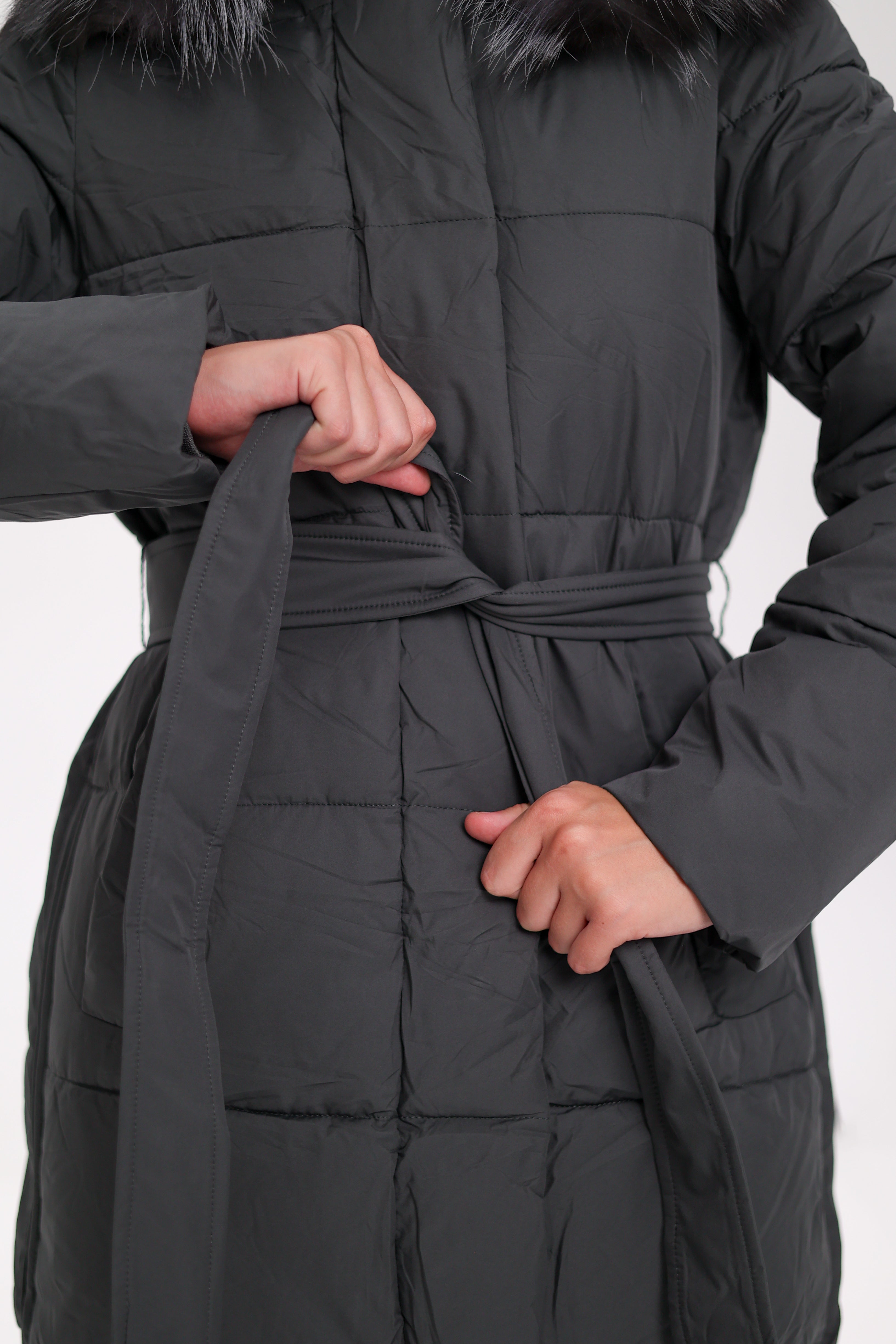 Genuine Silver Fox Belted Winter Insulated Coat - Energize Trek