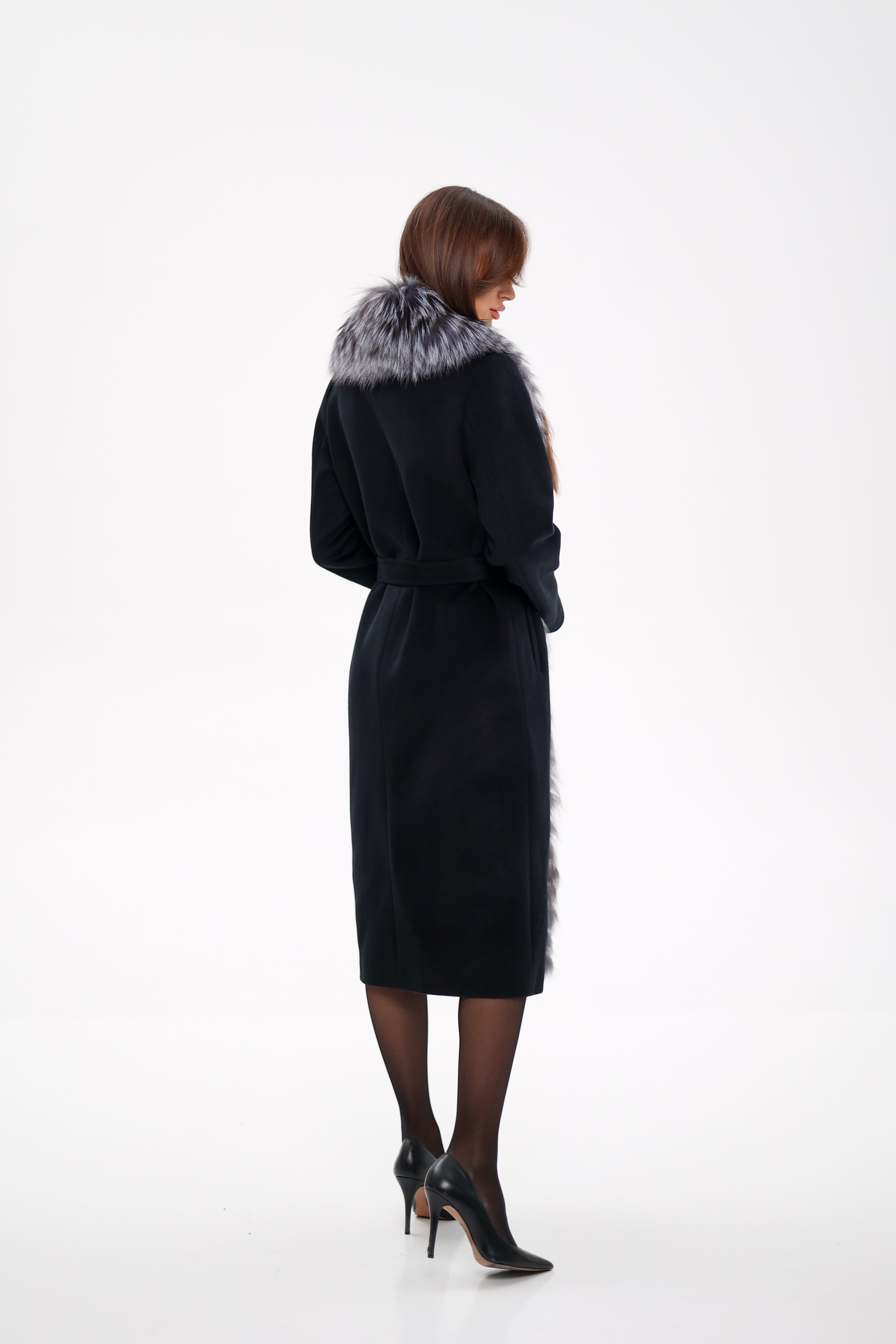 Genuine Silver Fox Virgin Wool Wrap Coat in Black - Energize Trek