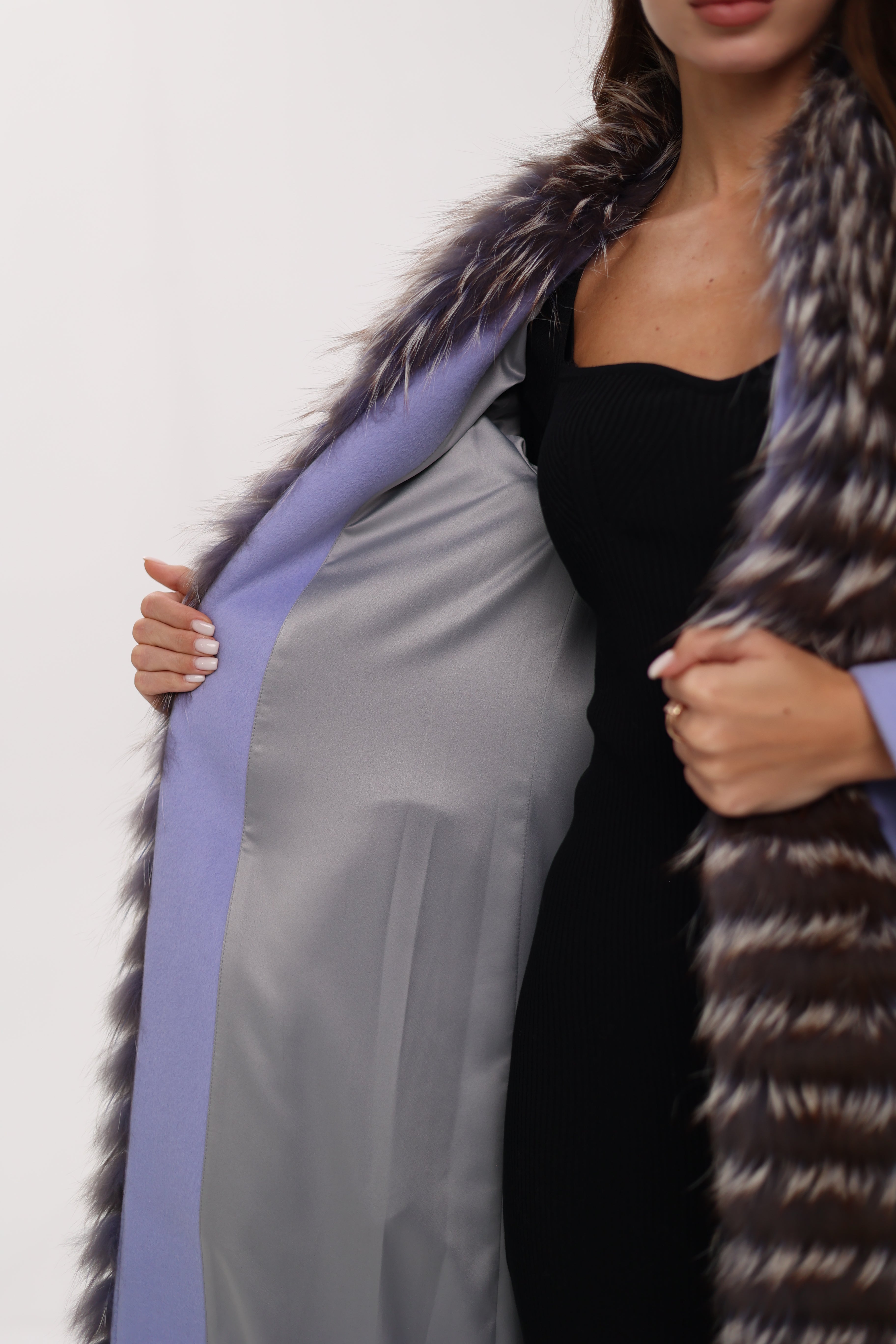 Genuine Silver Fox Virgin Wool Wrap Coat in Lavender - Energize Trek