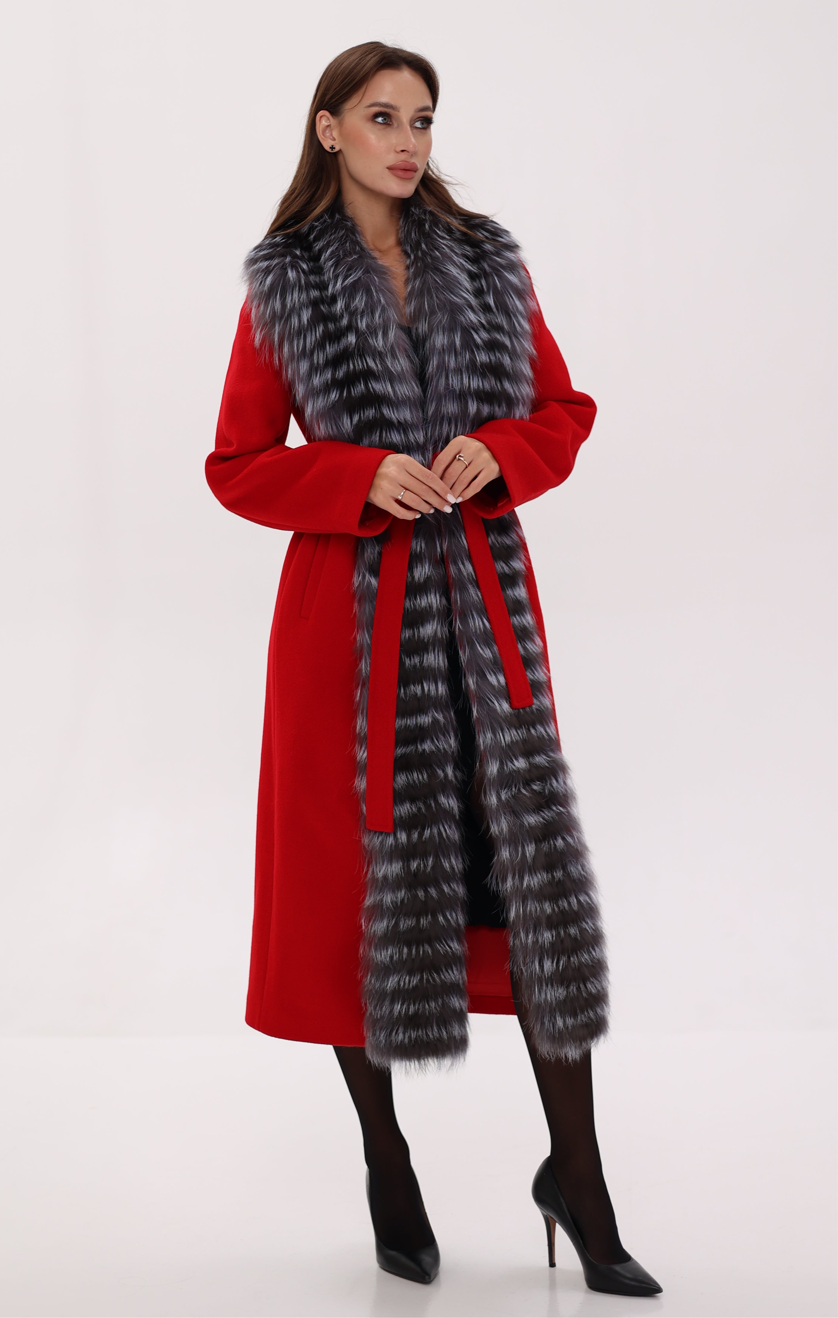 Genuine Silver Fox Virgin Wool Wrap Coat in Red - Energize Trek