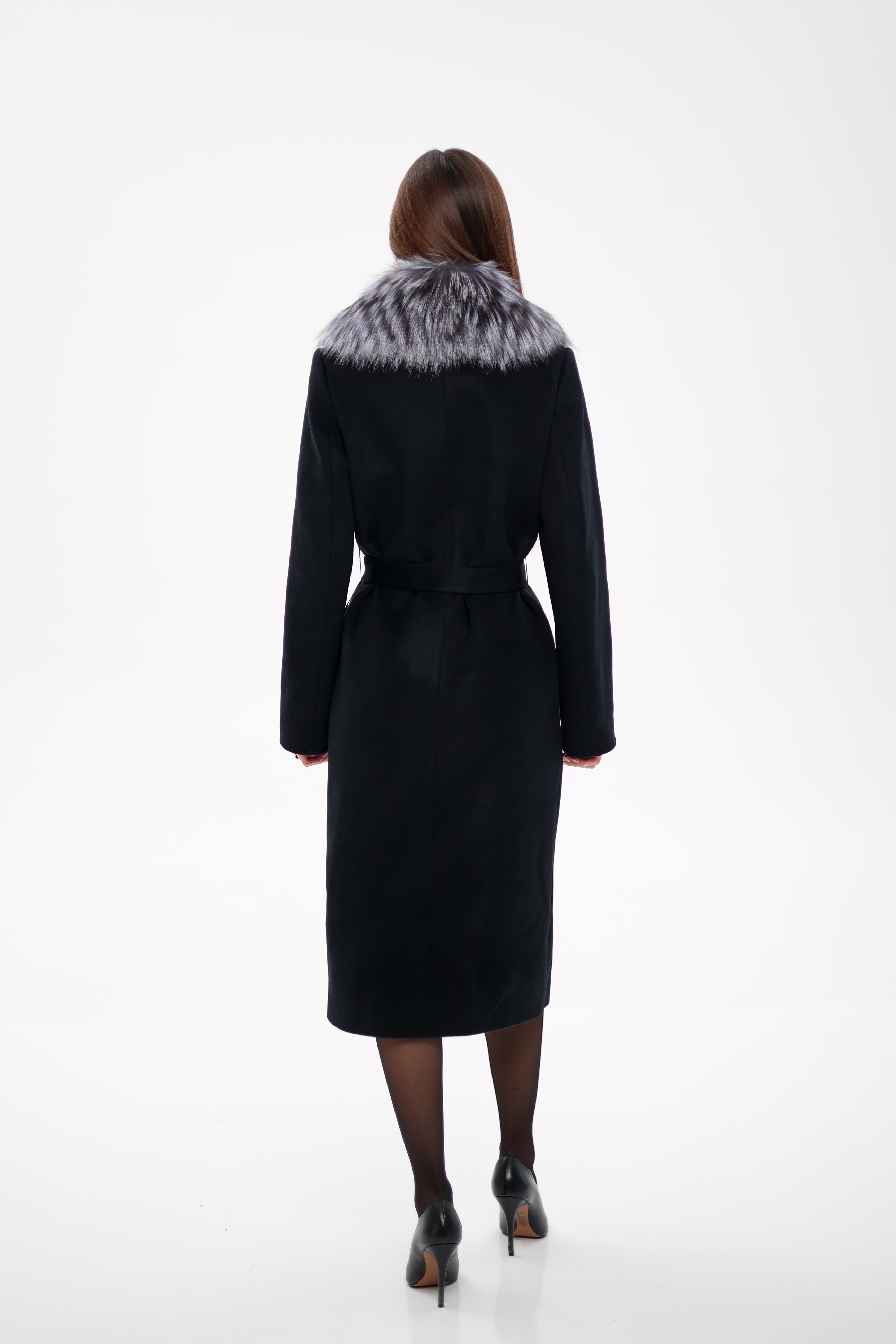 Genuine Silver Fox Virgin Wool Wrap Coat in Black - Energize Trek