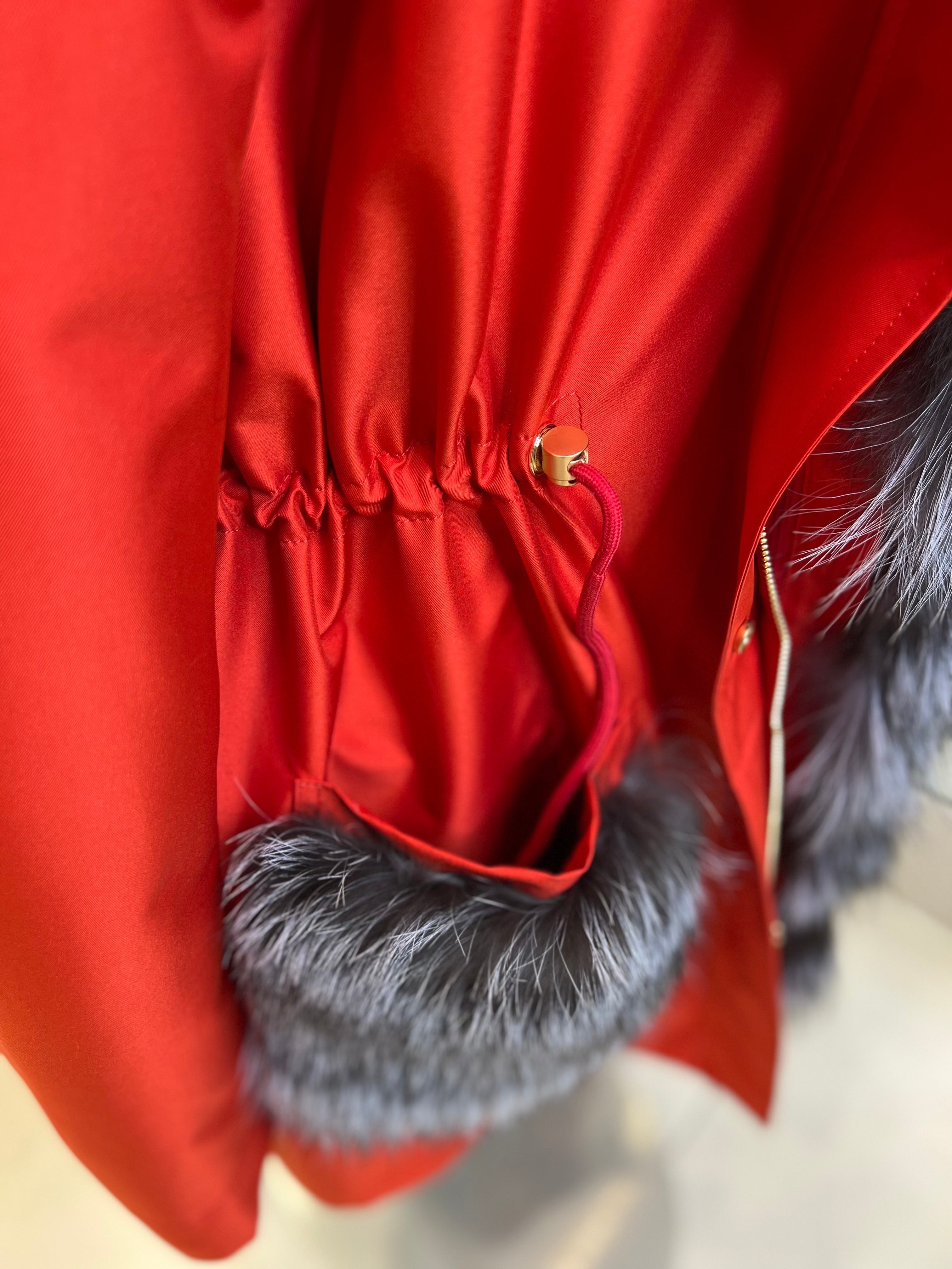 Roma Genuine Silver Fox Fur Rabbit Fur Insulated Parka in Red - Energize Trek
