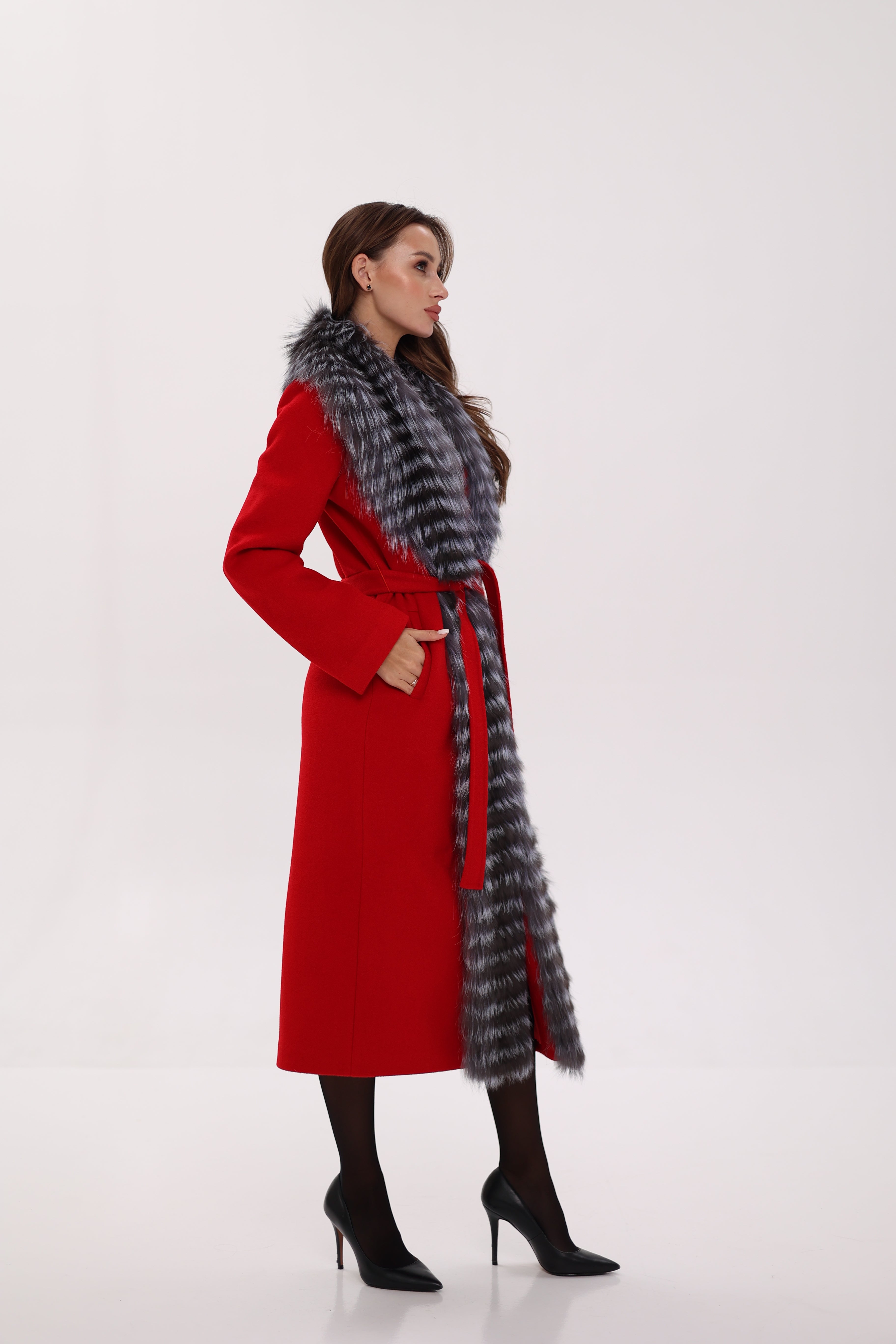 Genuine Silver Fox Virgin Wool Wrap Coat in Red - Energize Trek