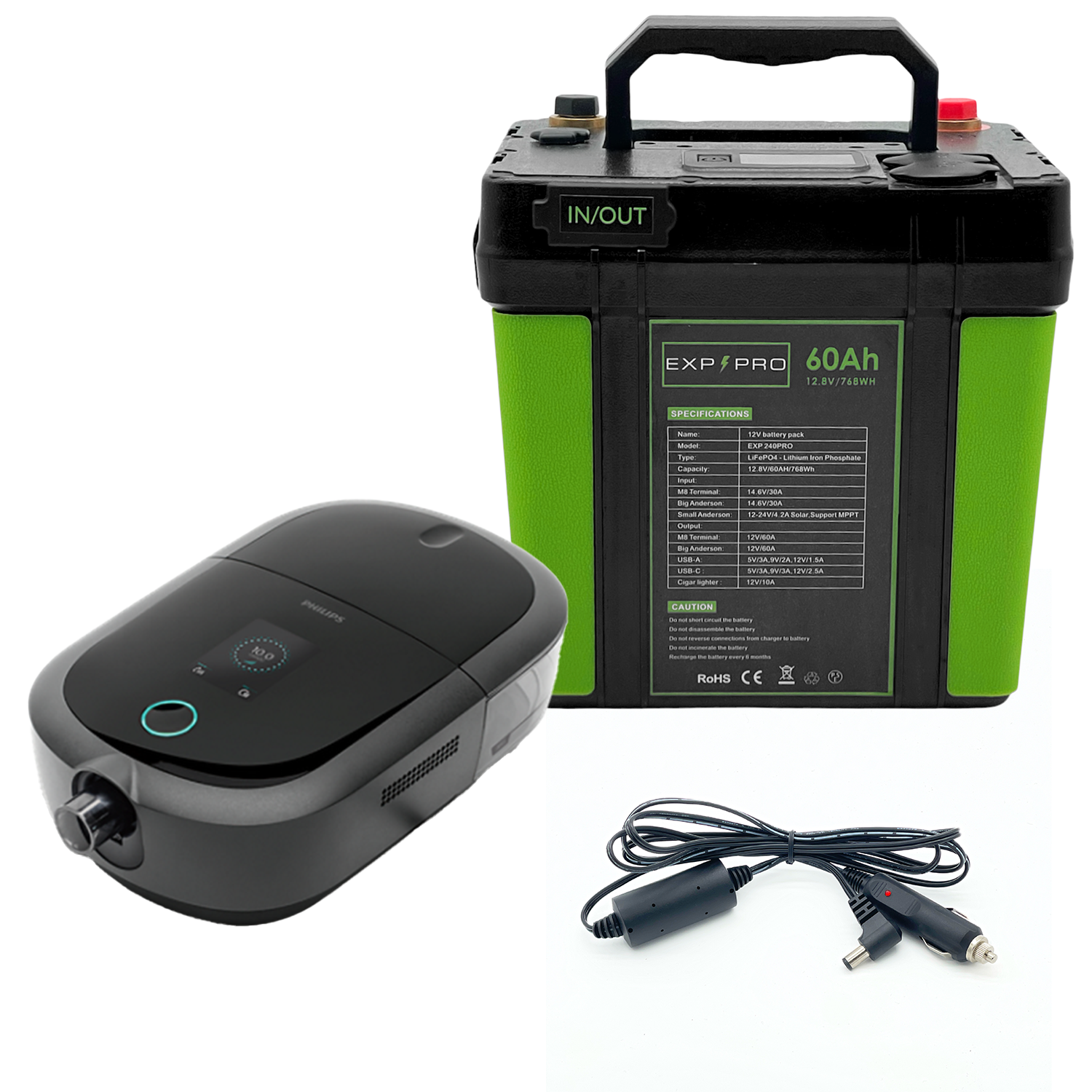 EXP240PRO CPAP Battery with DC Cord | Portable, Solar Rechargeable LiFePO4 Battery - Energize Trek