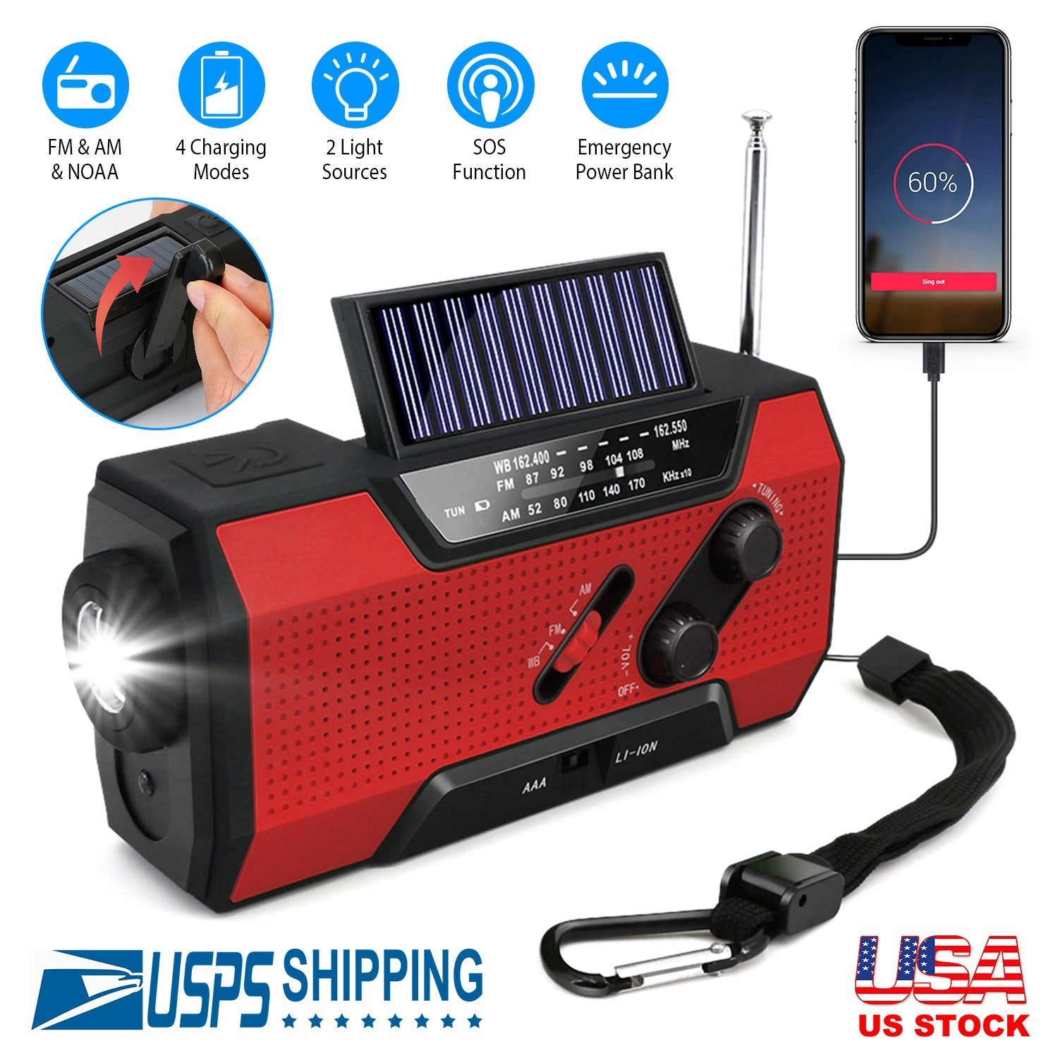 Emergency Solar Hand Crank Weather Radio AM/FM/NOAA Radio SOS 2000mAh Power Bank Flashlight w/ Reading Lamp - Energize Trek