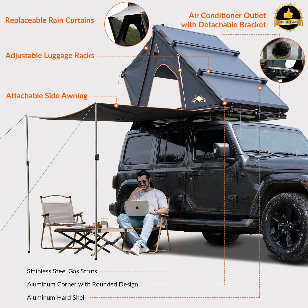 Explorer Plus Rooftop Tent Hardshell with Side Awning, Air Conditioner Outlet with Bracket, Luggage Racks&Replaceable Netting Rain Curtain, Truck Bed Tent for Camping, Pop Up SUV Roof Top Tent - Energize Trek