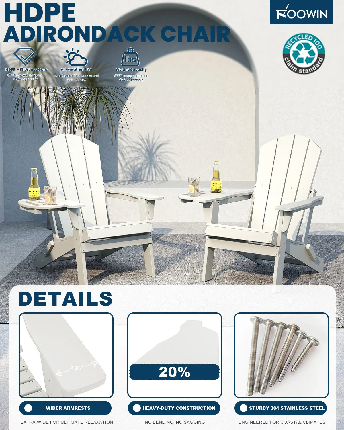 FOOWIN Folding Adirondack Chair With Cup Holder Outdoor - Energize Trek