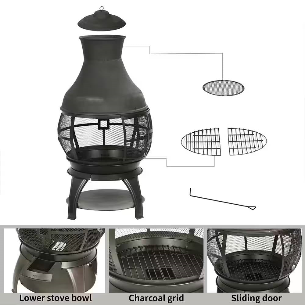 45-inch Black Cast Iron and Steel Outdoor Fire Pit Chimenea - Energize Trek