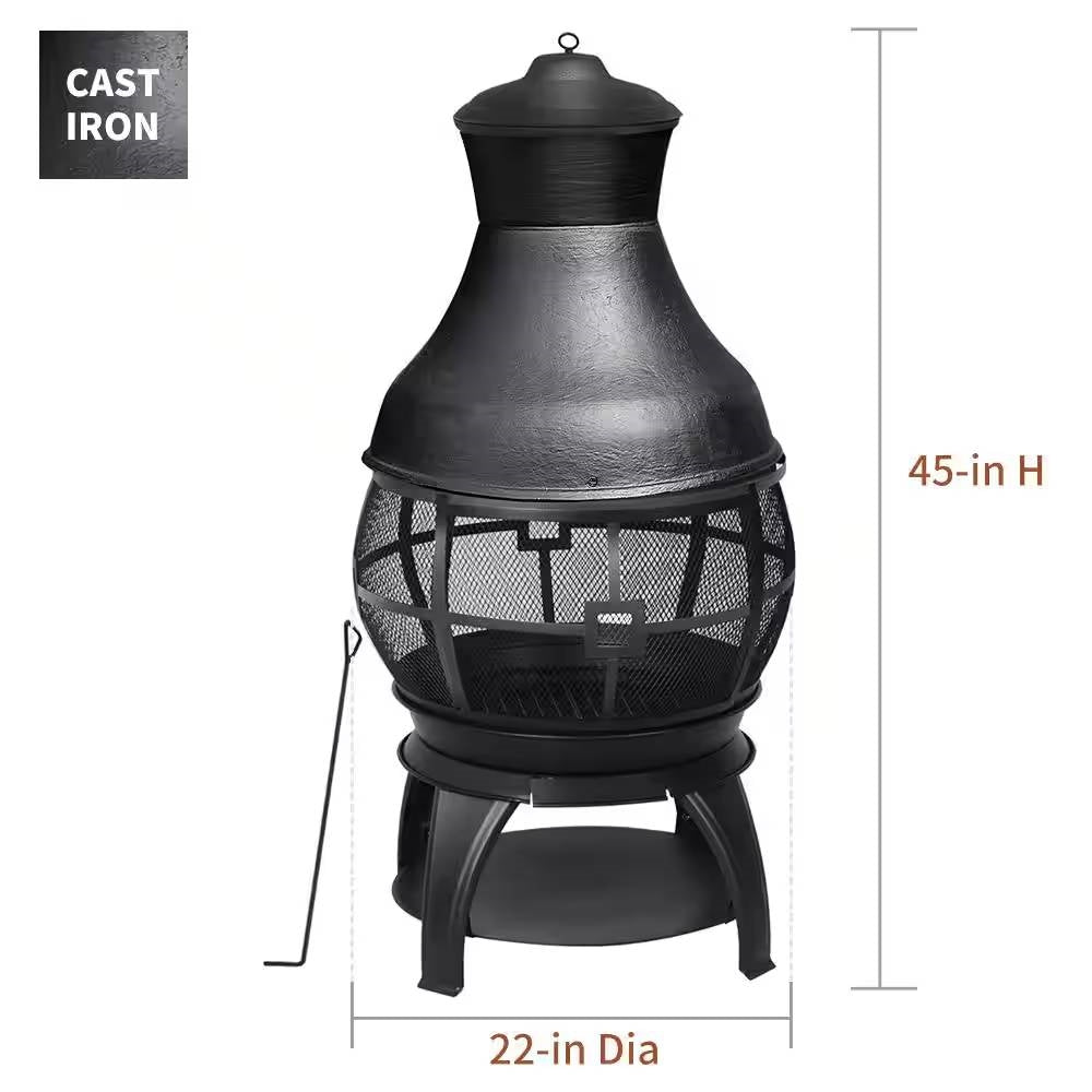 45-inch Black Cast Iron and Steel Outdoor Fire Pit Chimenea - Energize Trek