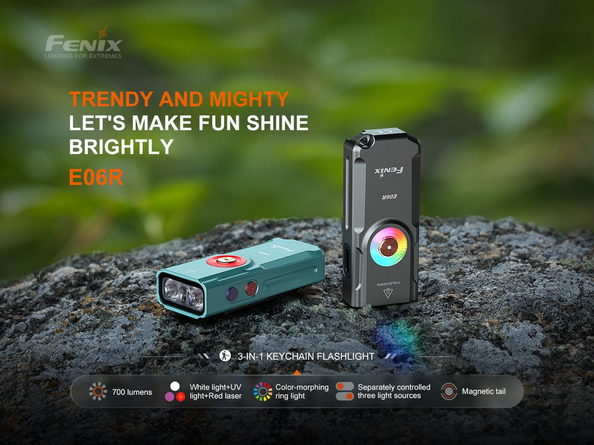 Fenix E06R Keychain Light with White, UV, and Red Laser Lights - Energize Trek
