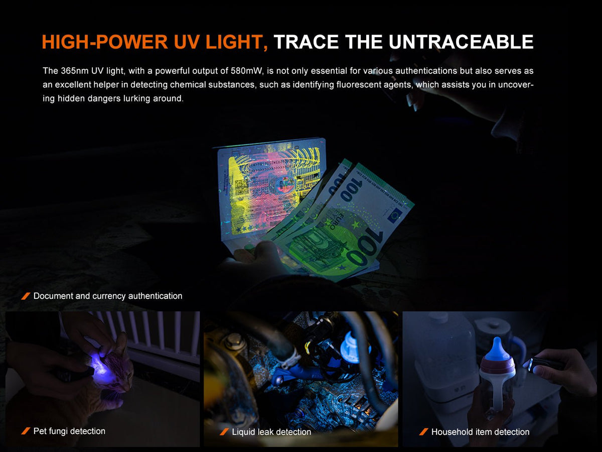 Fenix E06R Keychain Light with White, UV, and Red Laser Lights - Energize Trek