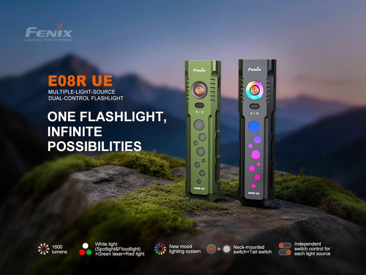 Fenix E08R UE Multi-Light EDC Flashlight With Red Light & Green Laser - Energize Trek