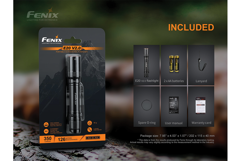 Fenix E20 V2.0 EDC Flashlight - 350 Lumens - Energize Trek