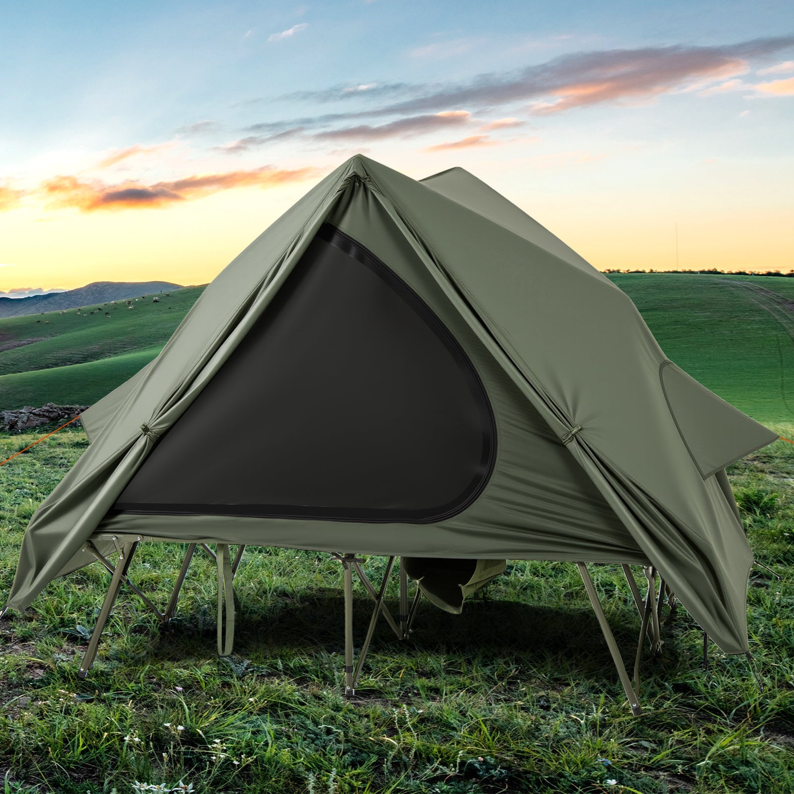 Foldable 2-Person Camping Cot Tent with Pop-up Tent Shelter and Portable Wheeled Bag-Green - Energize Trek