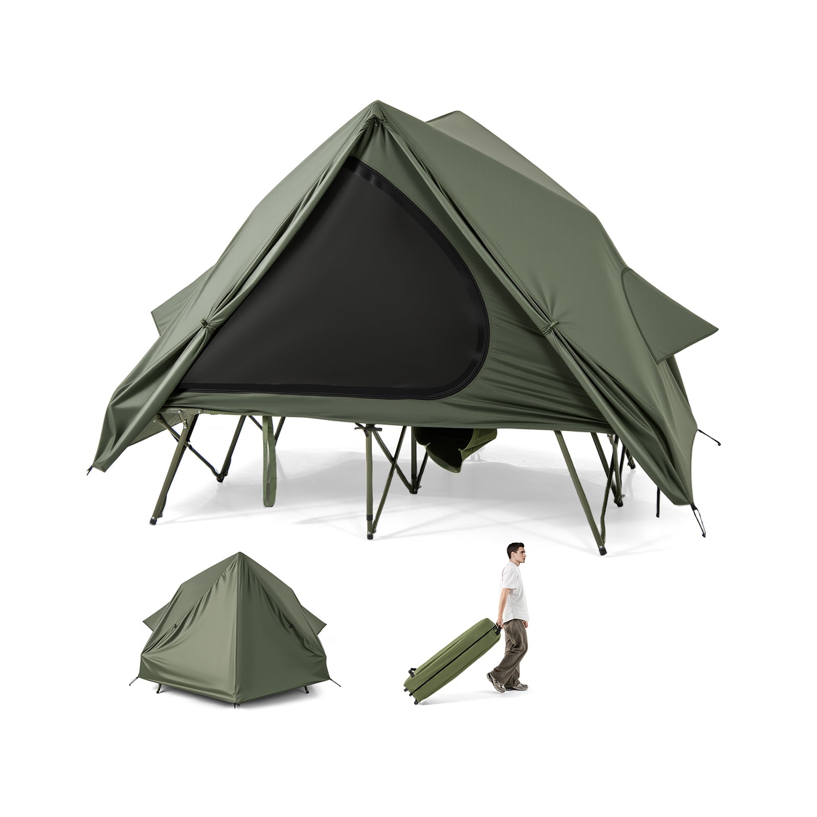 Foldable 2-Person Camping Cot Tent with Pop-up Tent Shelter and Portable Wheeled Bag-Green - Energize Trek