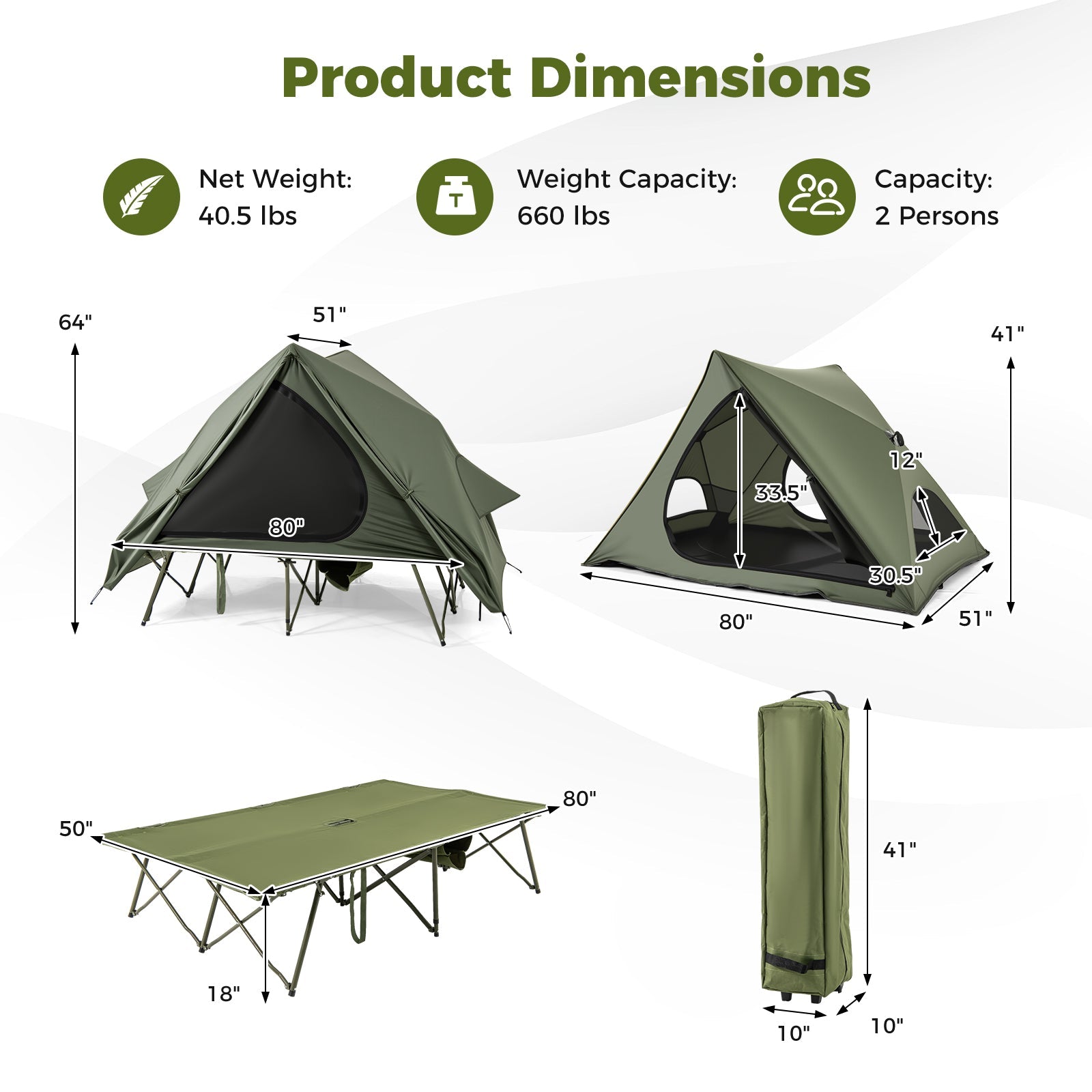 Foldable 2-Person Camping Cot Tent with Pop-up Tent Shelter and Portable Wheeled Bag-Green - Energize Trek