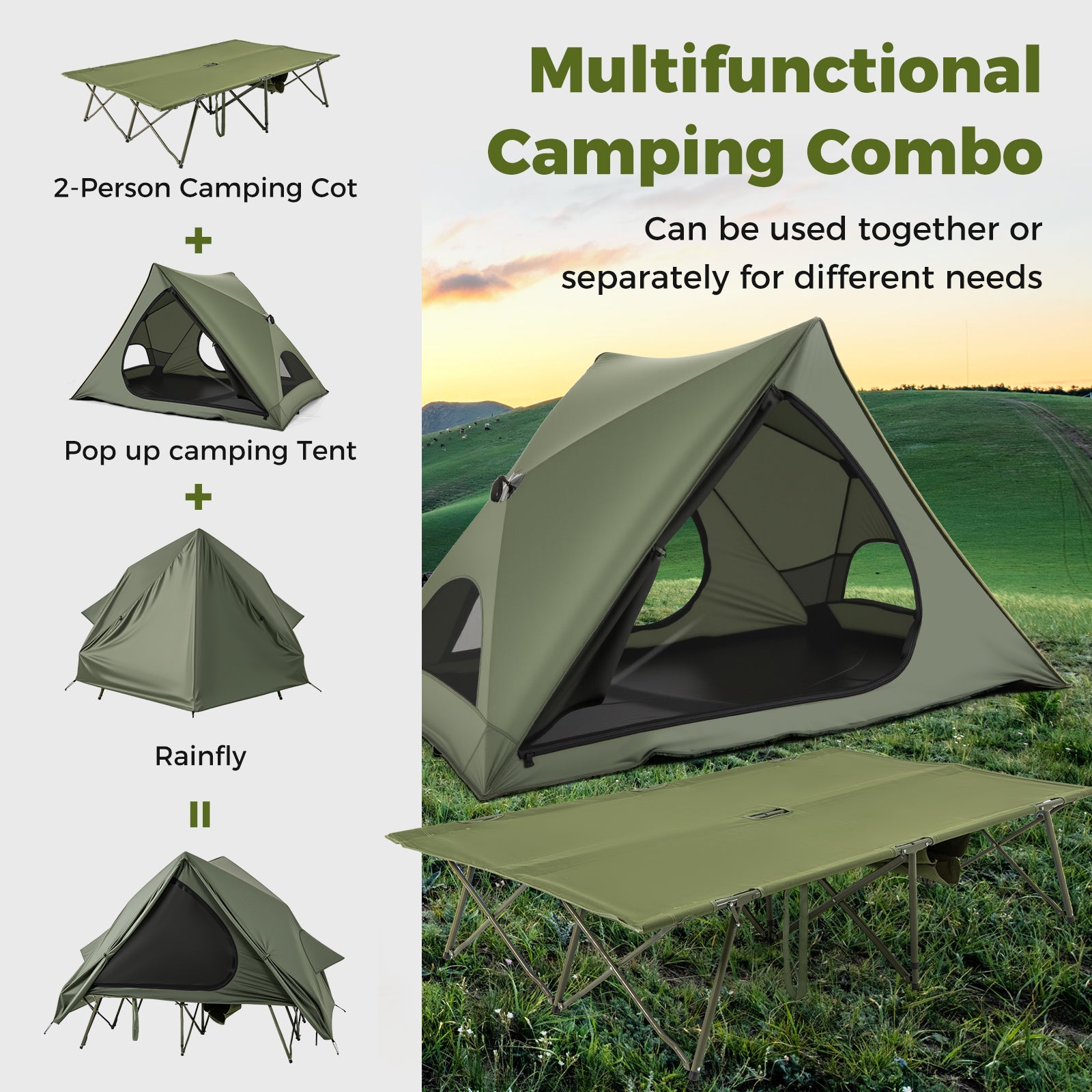 Foldable 2-Person Camping Cot Tent with Pop-up Tent Shelter and Portable Wheeled Bag-Green - Energize Trek