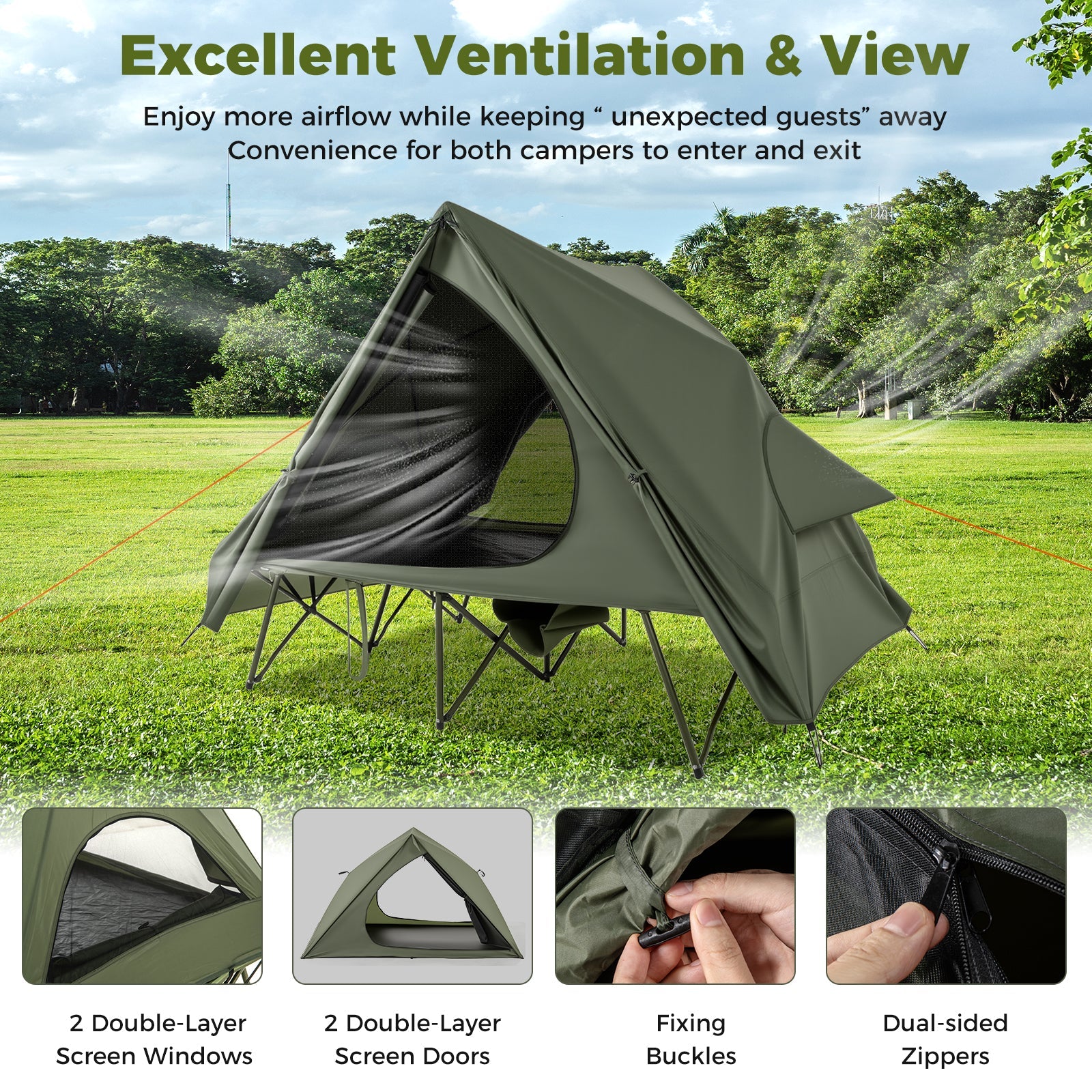 Foldable 2-Person Camping Cot Tent with Pop-up Tent Shelter and Portable Wheeled Bag-Green - Energize Trek
