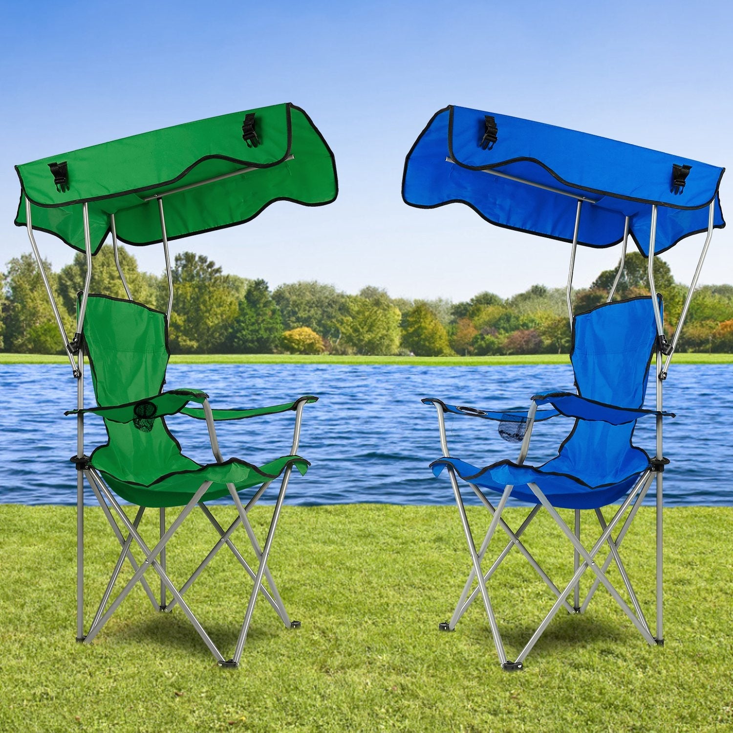 Foldable Beach Canopy Chair Sun Protection Camping Lawn Canopy Chair 330LBS Load Folding Seat w/ Cup Holder For Beach Poolside Travel Picnic - Energize Trek