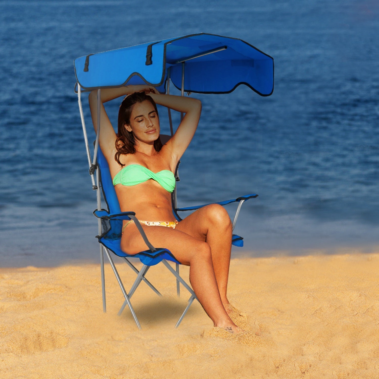 Foldable Beach Canopy Chair Sun Protection Camping Lawn Canopy Chair 330LBS Load Folding Seat w/ Cup Holder For Beach Poolside Travel Picnic - Energize Trek