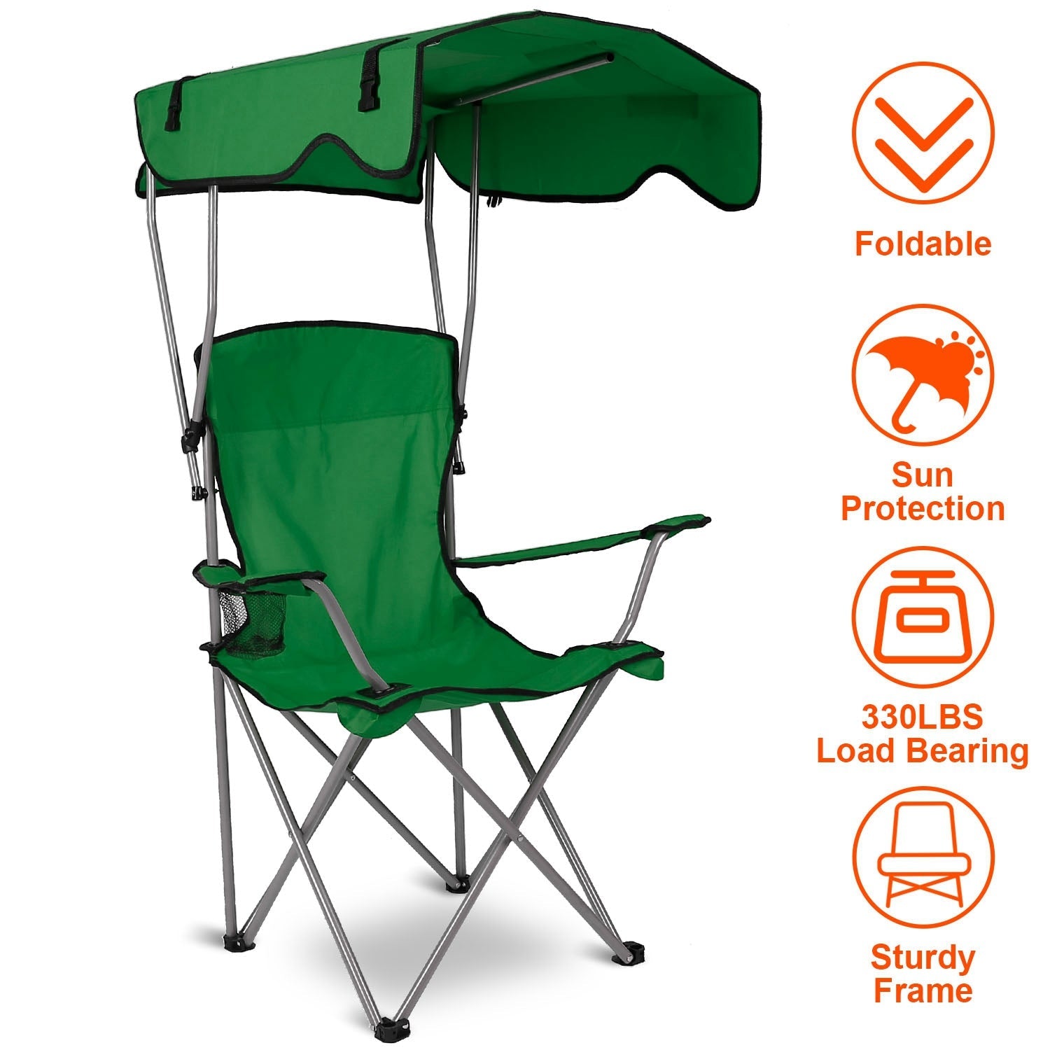 Foldable Beach Canopy Chair Sun Protection Camping Lawn Canopy Chair 330LBS Load Folding Seat w/ Cup Holder For Beach Poolside Travel Picnic - Energize Trek