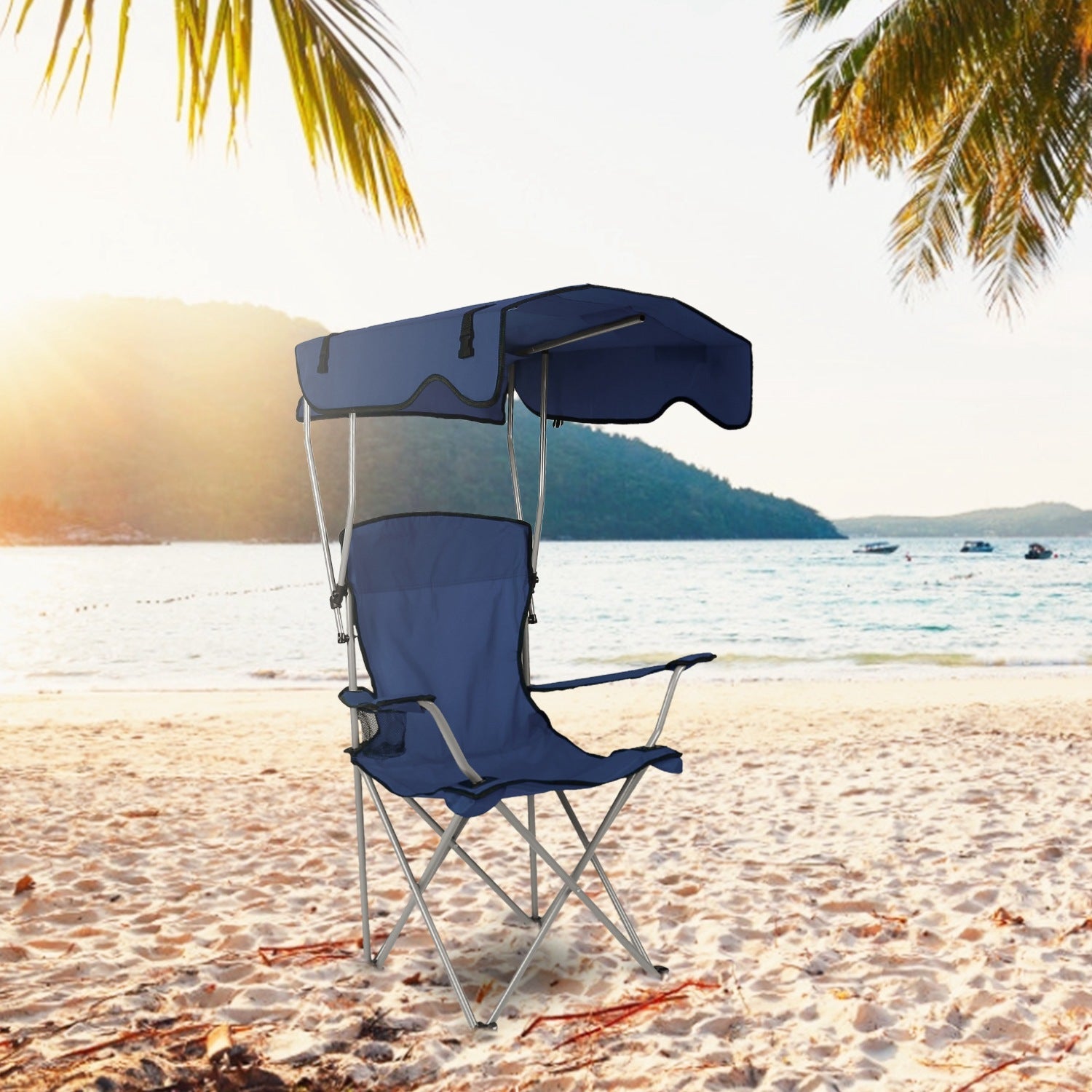 Foldable Beach Canopy Chair Sun Protection Camping Lawn Canopy Chair 330LBS Load Folding Seat w/ Cup Holder For Beach Poolside Travel Picnic - Energize Trek
