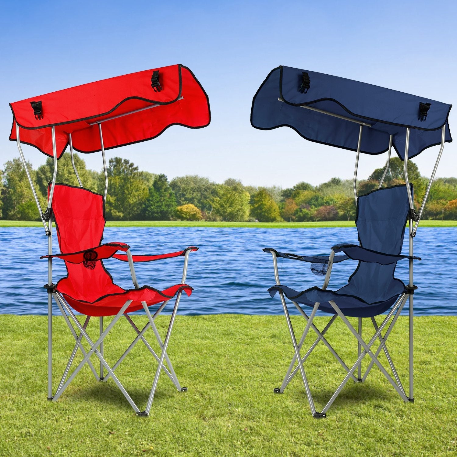 Foldable Beach Canopy Chair Sun Protection Camping Lawn Canopy Chair 330LBS Load Folding Seat w/ Cup Holder For Beach Poolside Travel Picnic - Energize Trek
