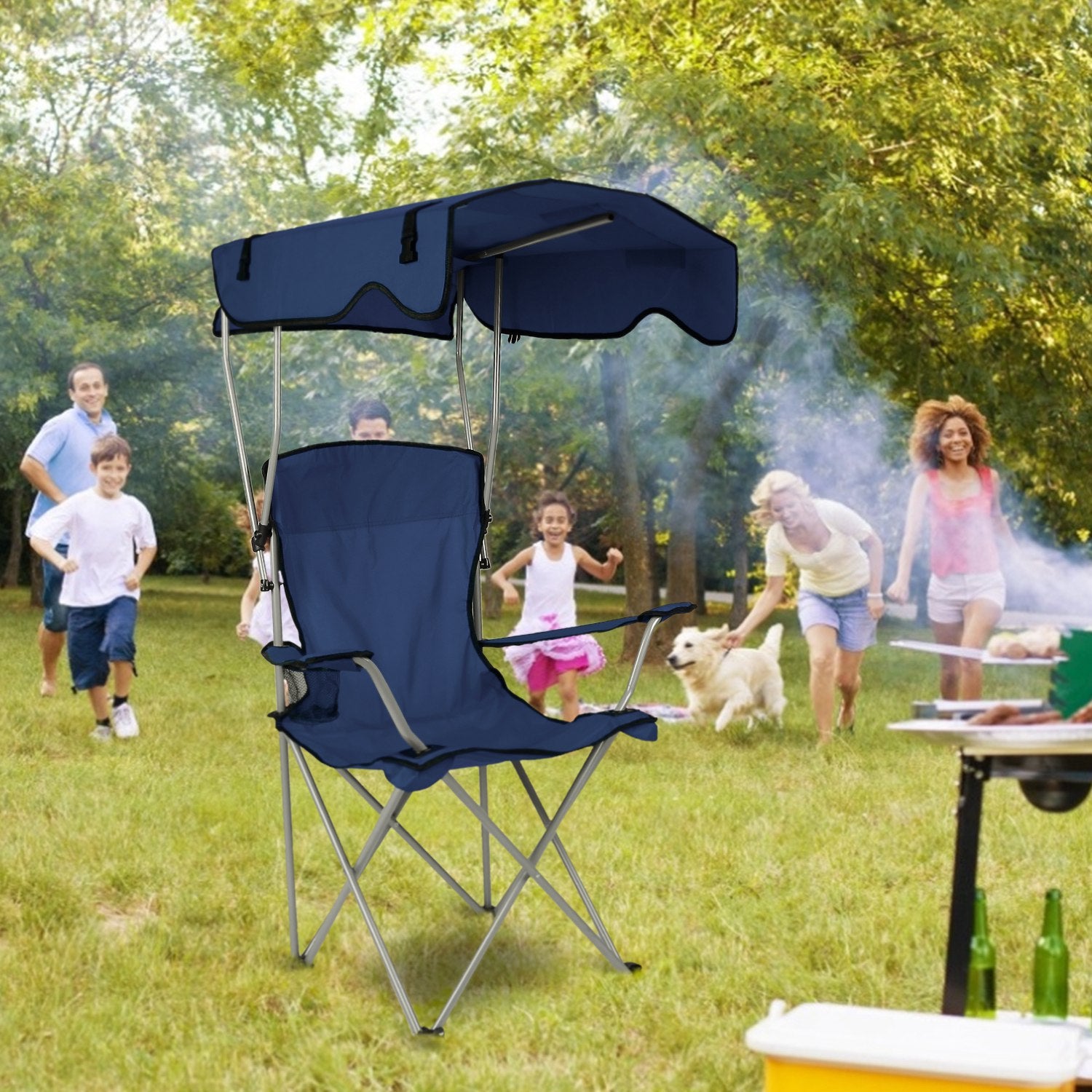 Foldable Beach Canopy Chair Sun Protection Camping Lawn Canopy Chair 330LBS Load Folding Seat w/ Cup Holder For Beach Poolside Travel Picnic - Energize Trek