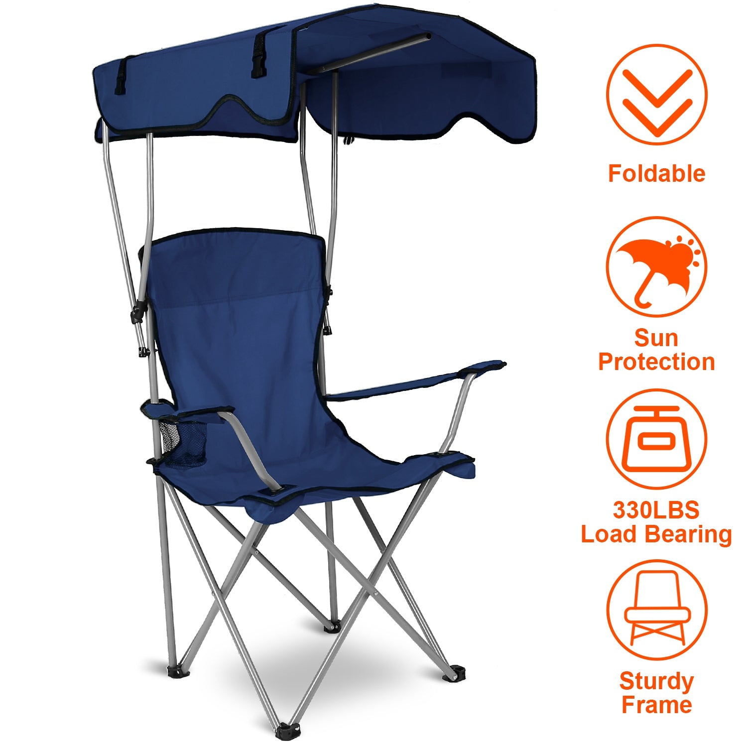 Foldable Beach Canopy Chair Sun Protection Camping Lawn Canopy Chair 330LBS Load Folding Seat w/ Cup Holder For Beach Poolside Travel Picnic - Energize Trek