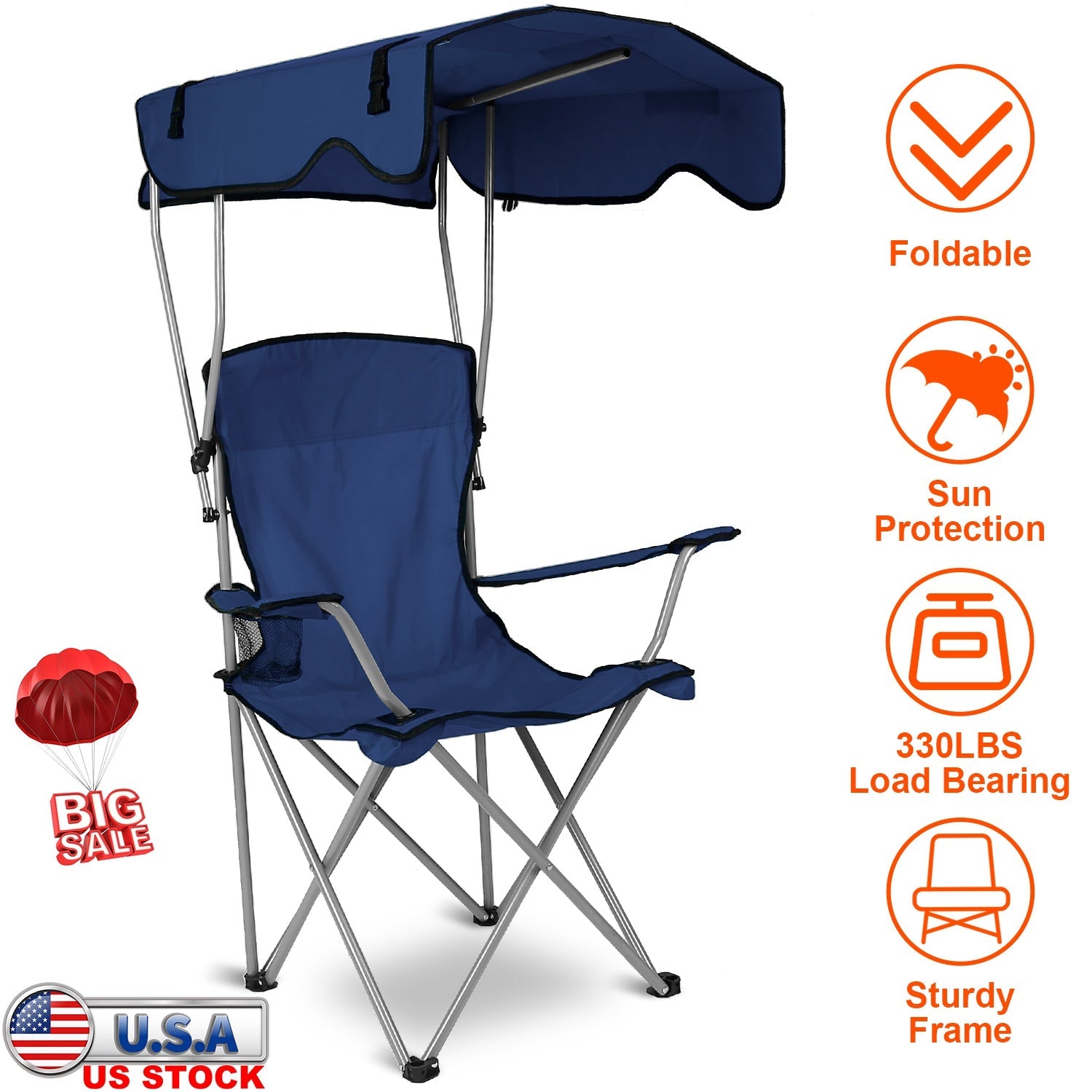 Foldable Beach Canopy Chair Sun Protection Camping Lawn Canopy Chair 330LBS Load Folding Seat w/ Cup Holder For Beach Poolside Travel Picnic - Energize Trek