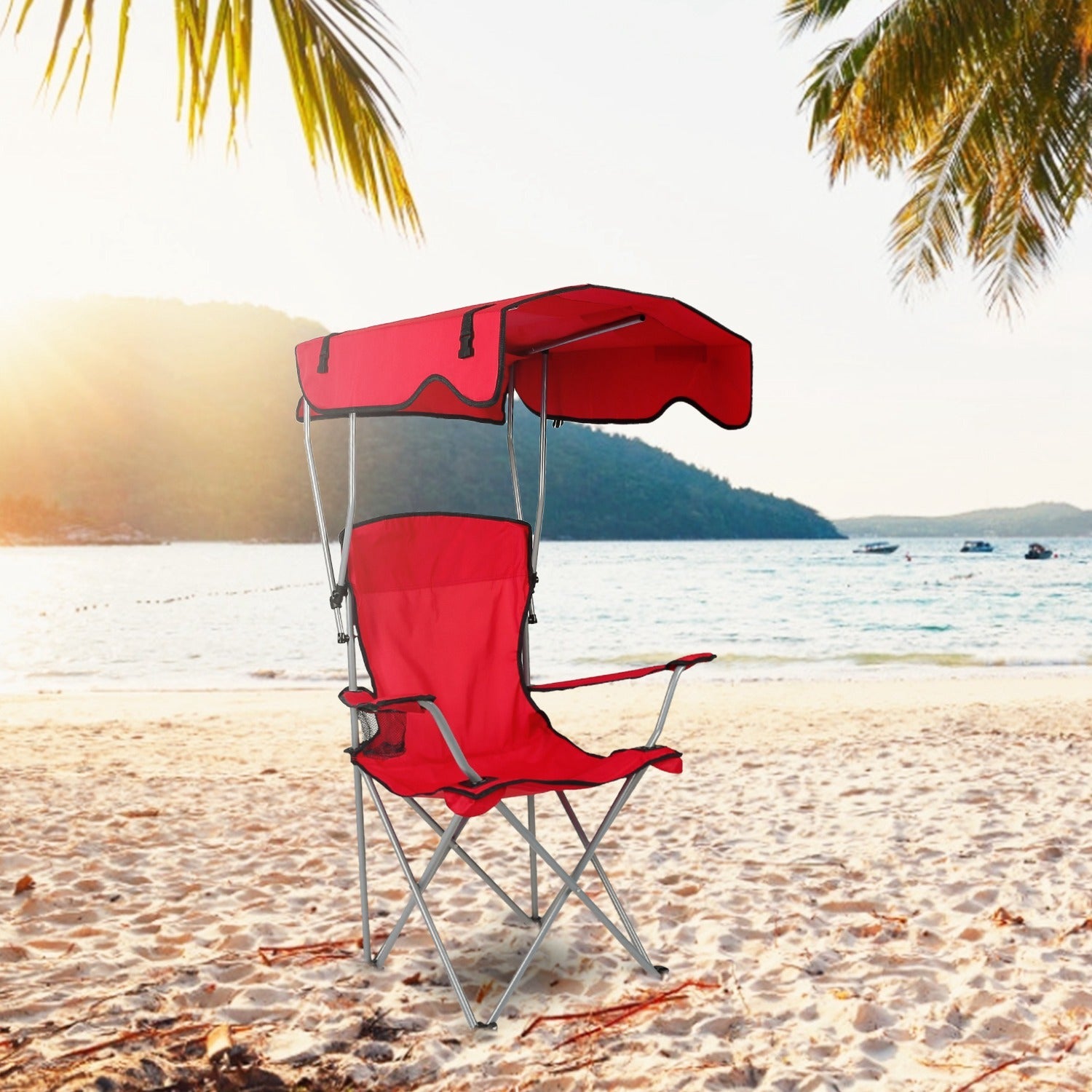 Foldable Beach Canopy Chair Sun Protection Camping Lawn Canopy Chair 330LBS Load Folding Seat w/ Cup Holder For Beach Poolside Travel Picnic - Energize Trek
